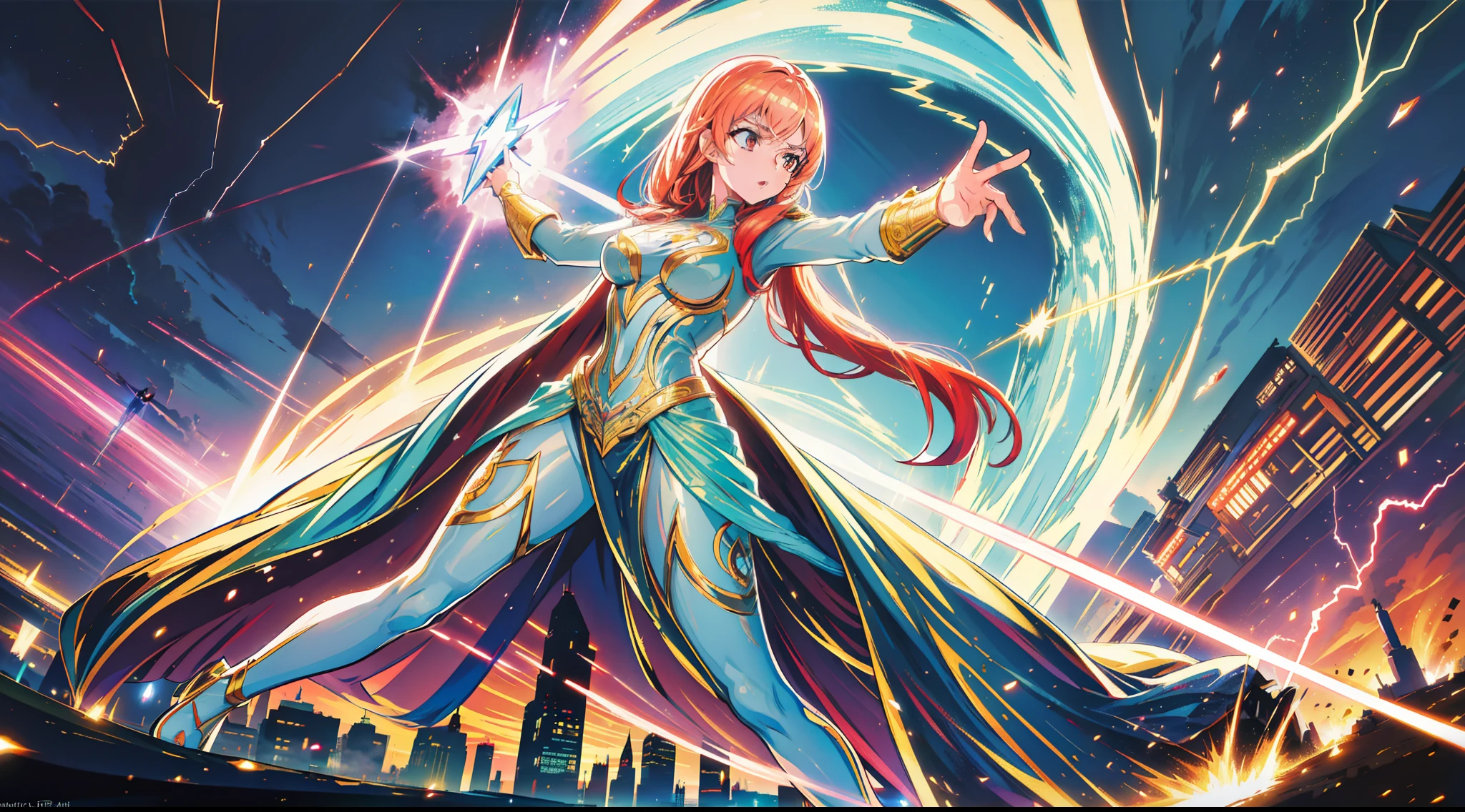 A beautiful and powerful heroine is fighting with a super villain in a big and fancy city, action scene, superpowers, full body shot, daylight, lightning light, high definition, Ultra Quality, 8k, masterpiece, intricate details, volumetric light, dynamic compositing