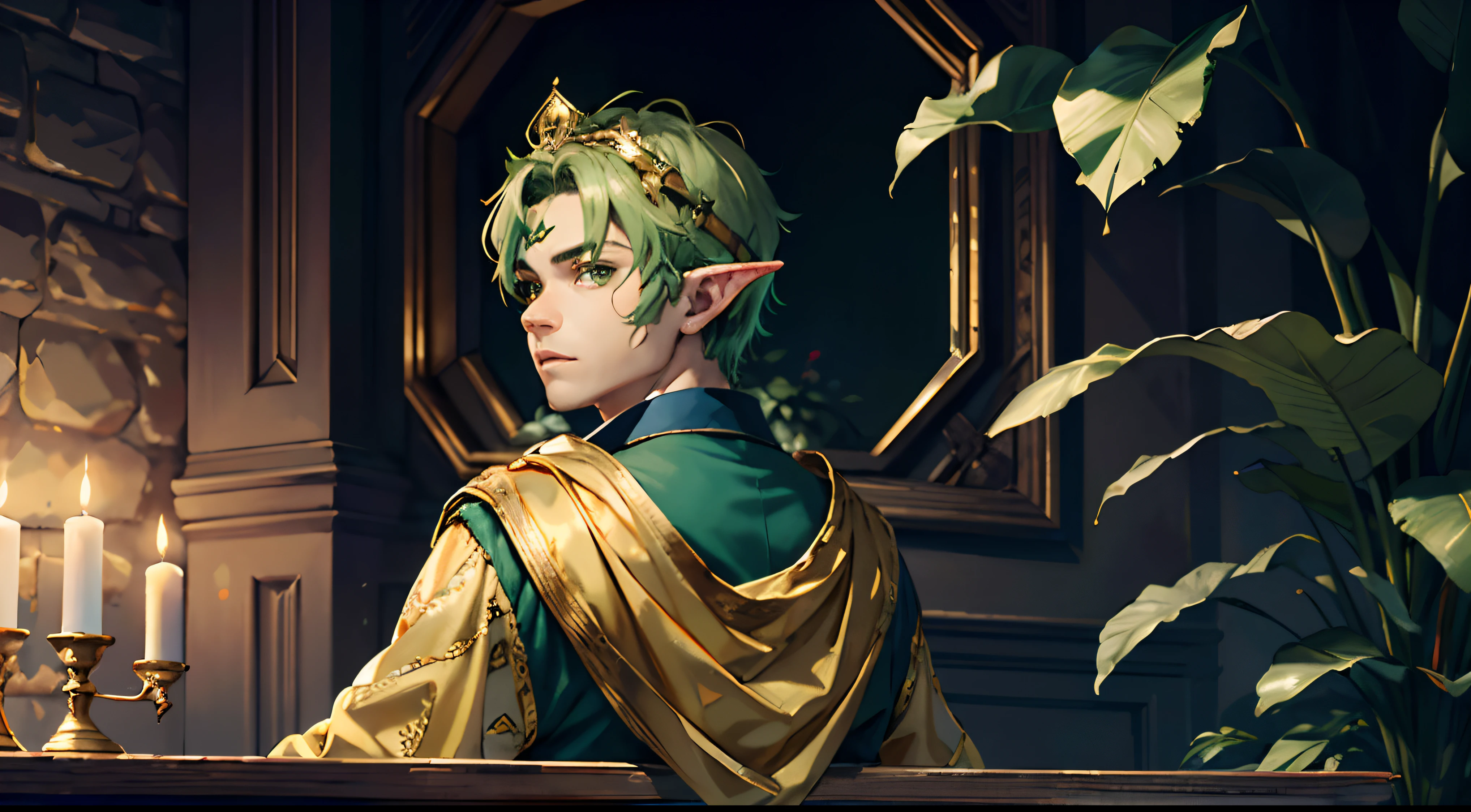 solo, solo focus, masterpiece, ((exquisite_detail)), illustration, (handsome), extremely_detailed_CG, cute young boy, green hair wearing a crown, gold eyes, golden robe, merchant, leaf, sitting on a throne, looking at the viewer, turned around, cute young boy with elf ears, hands behind the back