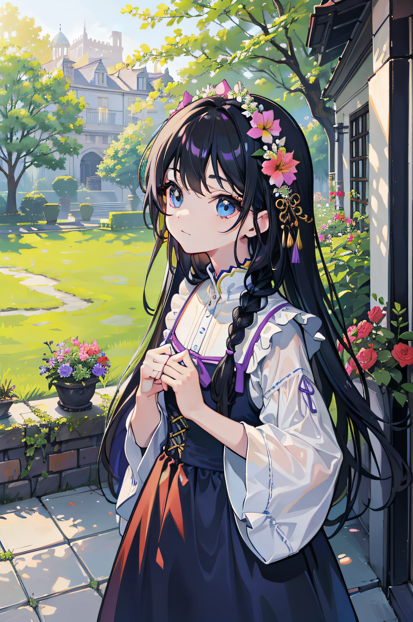 tmasterpiece,Highest image quality,super detailing,A high resolution,high saturated,Lighting effects,and the sun was shining brightly,garden with colorful flowers。,Antique characters,Faraway view。one-girl,The face is delicate,There are big eyes of God,Black hair,Details coiled,long braid,Black eyelashes,Look up,DOA ,Creative long dress。
