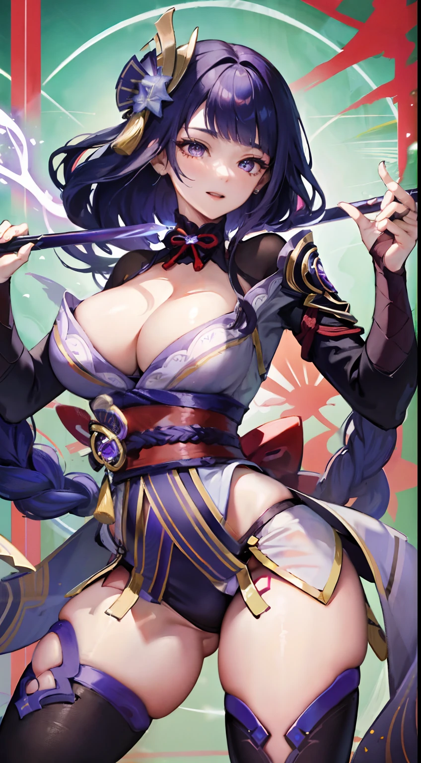 Raiden General Genshin Impact ,ssee-through，Fleshy thighs，Thunder Sword，Pose，Poster publicity style，Simetall，busty figure，C cup，Happy expression