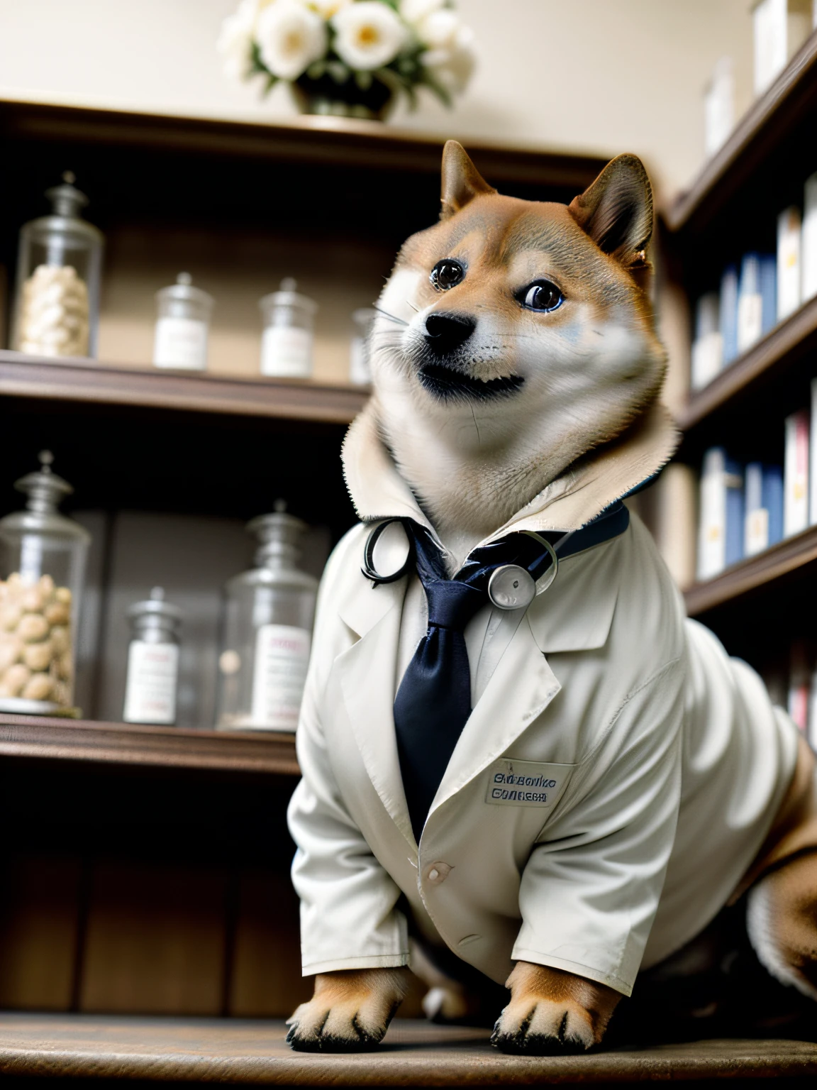 (masterpiece), extremely intricate, (realistic), nature, flowers, sharp focus, dramatic, award winning, cinematic lighting, octane render, unreal engine, volumetrics dtx, 1dog, ntydoge as a doctor wearing doctor's white coat lying in a shelf of a pharmacy, ((full body)),looking at viewer,