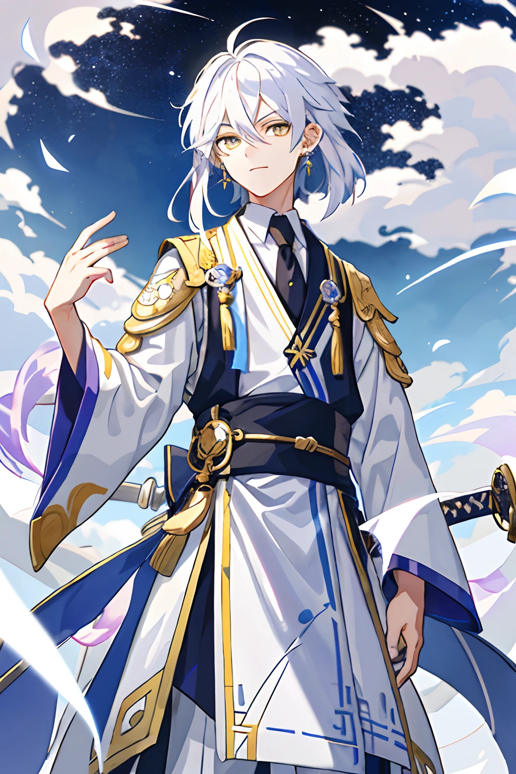 A ager with white hair but a lilac gradient,quadratic element,2D flat style painting。Golden eyes,There are earrings on the right ear,Dressed in period costume,He had a sword on him,stand posture,Handsome,There is only one person in the picture,Medium length hair,wearing ancient Chinese costume,The clothes are tattered,Quacks,Be in spirits,shoun,Place one hand on your waist,Hair and shoulder length,