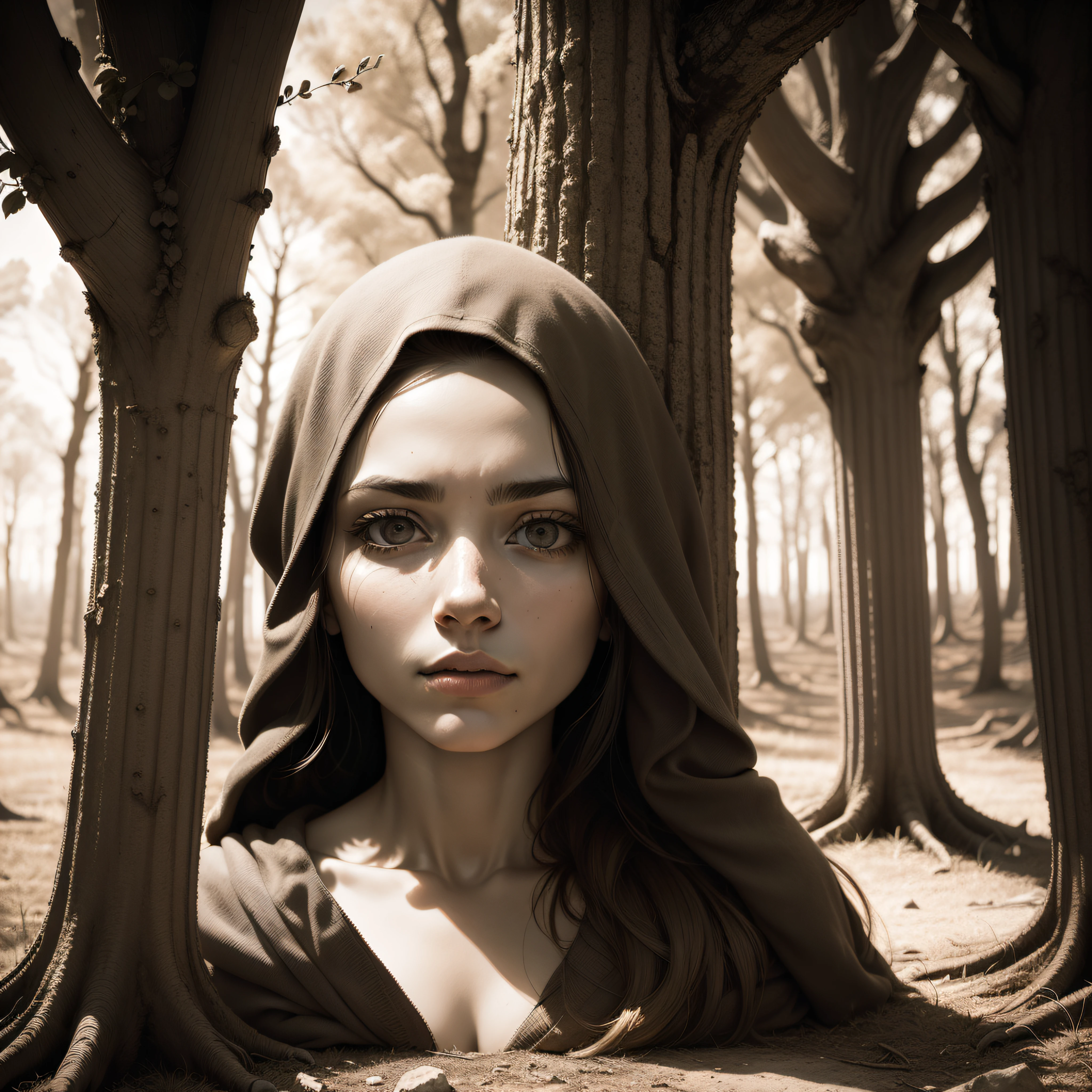 (extremadamente detallado, obra maestra, La mejor calidad, Tono sepia) bosque enorme, Trees with a human face, ruinas. Daytime Lighting.