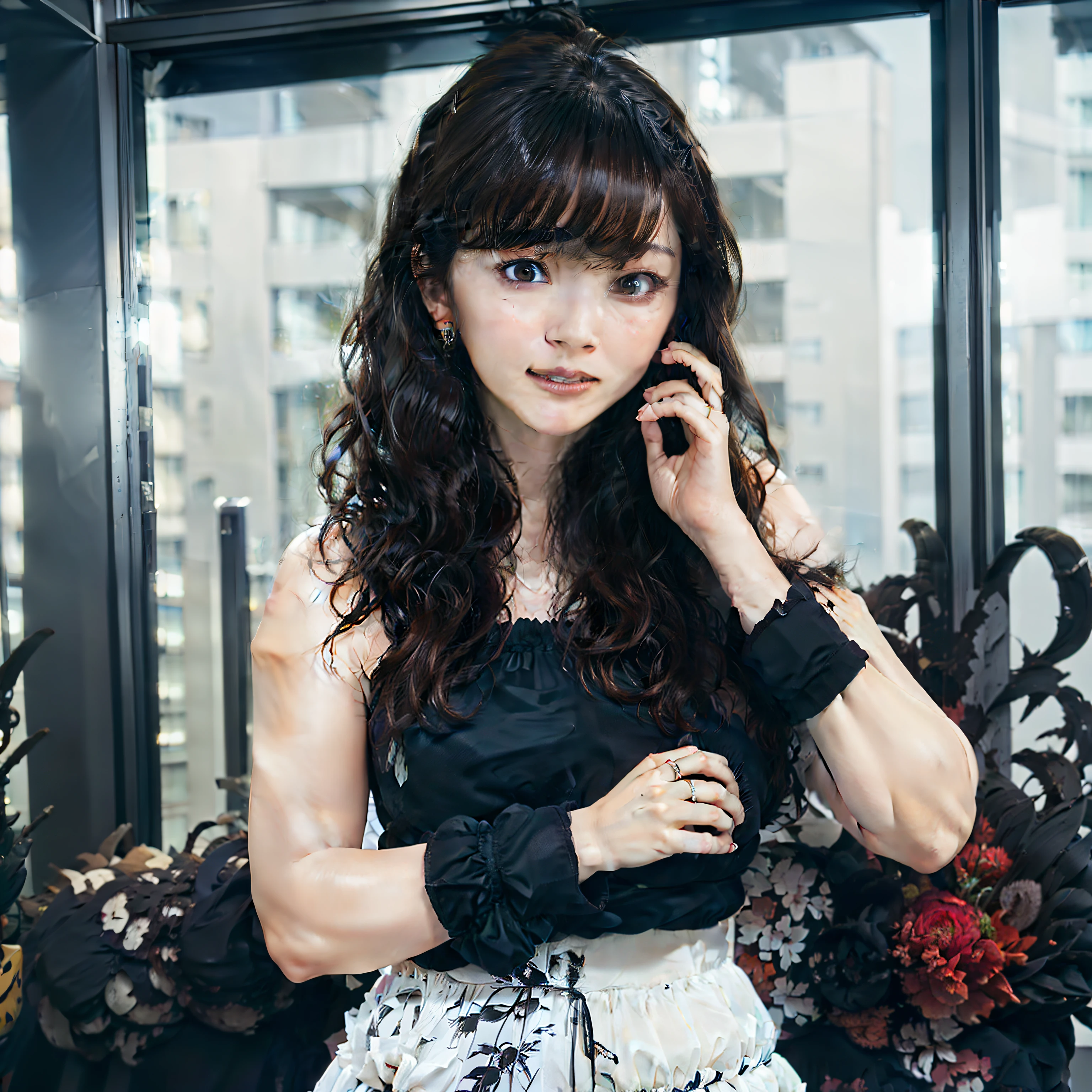 ((Best Picture Quality, 8k, tmasterpiece:1.3)), sharp:1.2, perfect figure beautiful woman:1.4, Slim abs:1.2, ((Layered Hair Style, huge tit:1.2)), (Bandeau dress white:1.1),the city street:1.2,Highly detailed facial and skin texture,A detailed eye,二重まぶた,Brown hair long,The dress is thin,Hands behind you,are standing,The reveal panties,Expose cleavage。