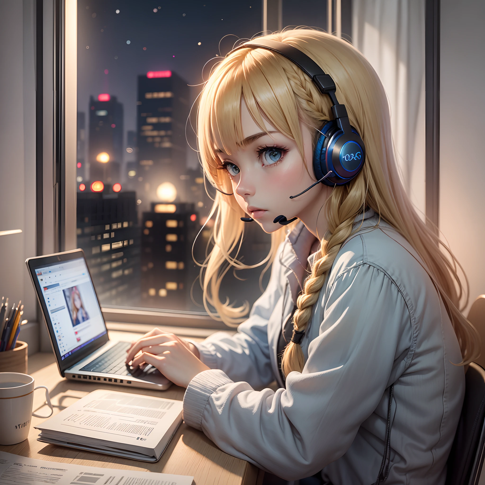 anime blonde girl studying in her desk, braided hairstyle, serious face, using headset in front of laptop, warm lighting, cozy, night, windows open, view city outside -- ar 16:9 --auto --s2