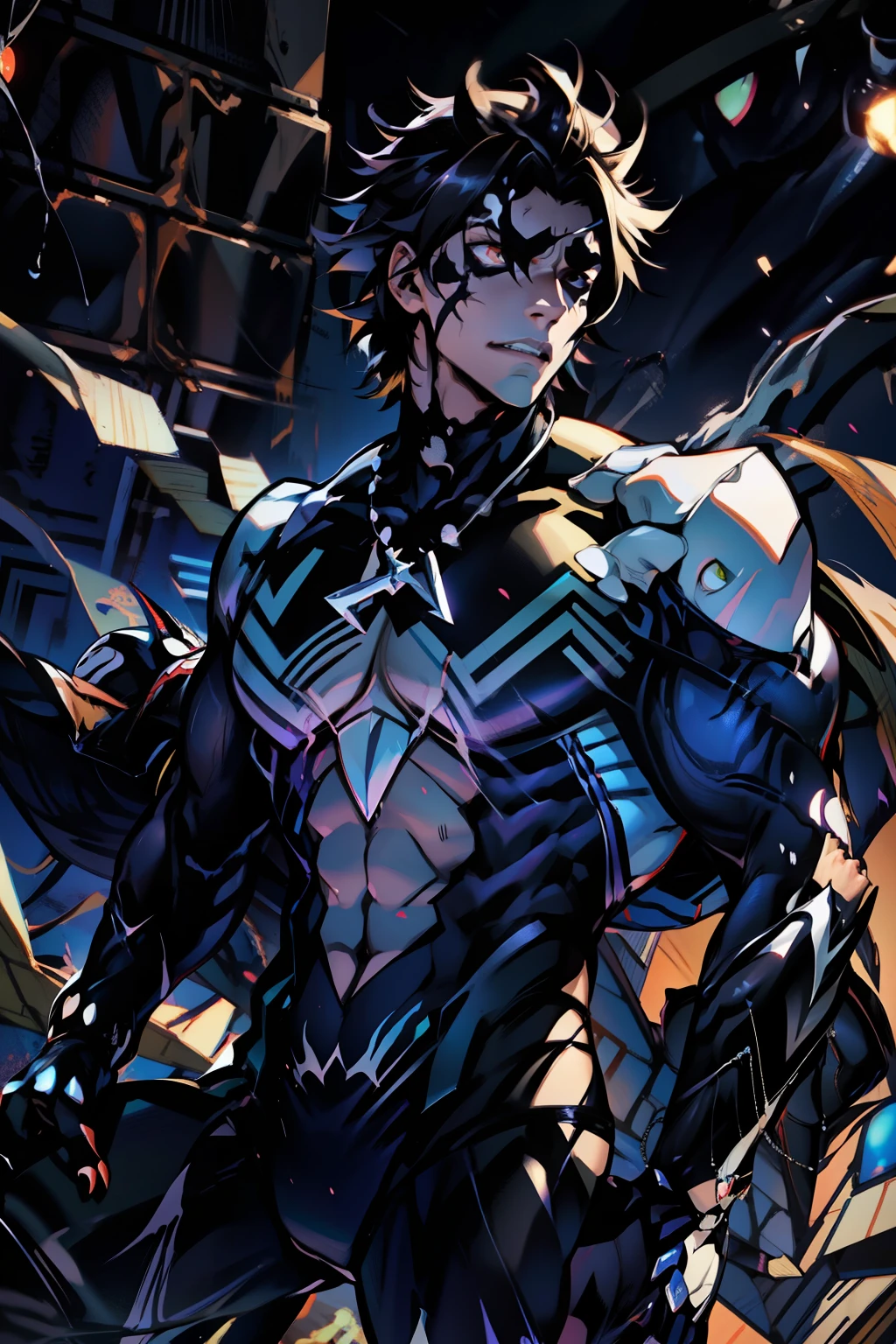 《the original god》Arataki Kazuto , male people, chest muscle, Sexy , Venom symbiote for your body, Black mucus of the body , into venom, venomize,Black bodysuit,(Cloak),Red cape,Abs,(Adult male)((Venom possession,venom symbiote)),over-Tortoise Man,Battle damage,((Masterpiece)), ((Best quality)), Ultra detailed,((illustration)), Dynamic Angle, Detailed light, (Delicate eyes), Floating, 1boy, Male focus, Head, Clothing, Yellow eyes, necklace, tattoo, (Forehead:0.8), (ahoge:0.8), jewelry, brunette color hair,apathy,Ray, chest muscle, Sexy , Venom symbiote for your body, Black mucus of the body , (into venom), Venom,frontage,Bust photo,White tight-fitting top,spiderman outfit,style of anime4 K, 4K anime wallpaper, Badass anime 8 K, 4 k comic wallpaper, young anime man, Anime boys, Anime wallpapers 4 k, Anime wallpaper 4K, High quality anime art style, Anime moe art style, Anime art wallpaper 8 K, Anime art wallpaper 4 K, RGB lighting,