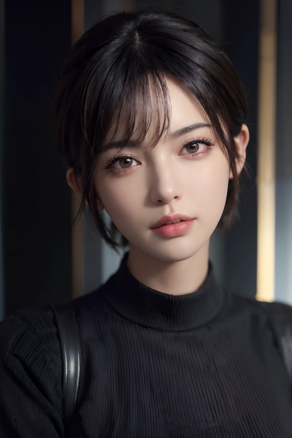 (masterpiece:1.3), (8k, photorealistic, RAW photo, best quality: 1.4), (1girl), beautiful face, (realistic face), (black hair, short hair:1.3), beautiful hairstyle, realistic eyes, beautiful detailed eyes, (realistic skin), beautiful skin, (sweater), absurdres, attractive, ultra high res, ultra realistic, highly detailed, golden ratio