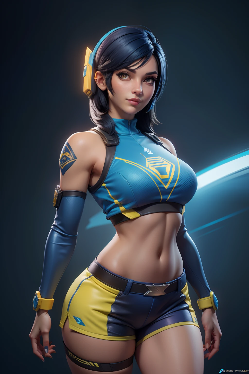 arafed woman in a blue and yellow outfit posing for a picture, sporty physique, pharah from overwatch, pharah, senna from league of legends, alexandra fomina artstation, sport bra and dark blue shorts, thick smooth warframe thighs, as seen on artstation, jessica rossier color scheme, rendered in sfm, hyper real render