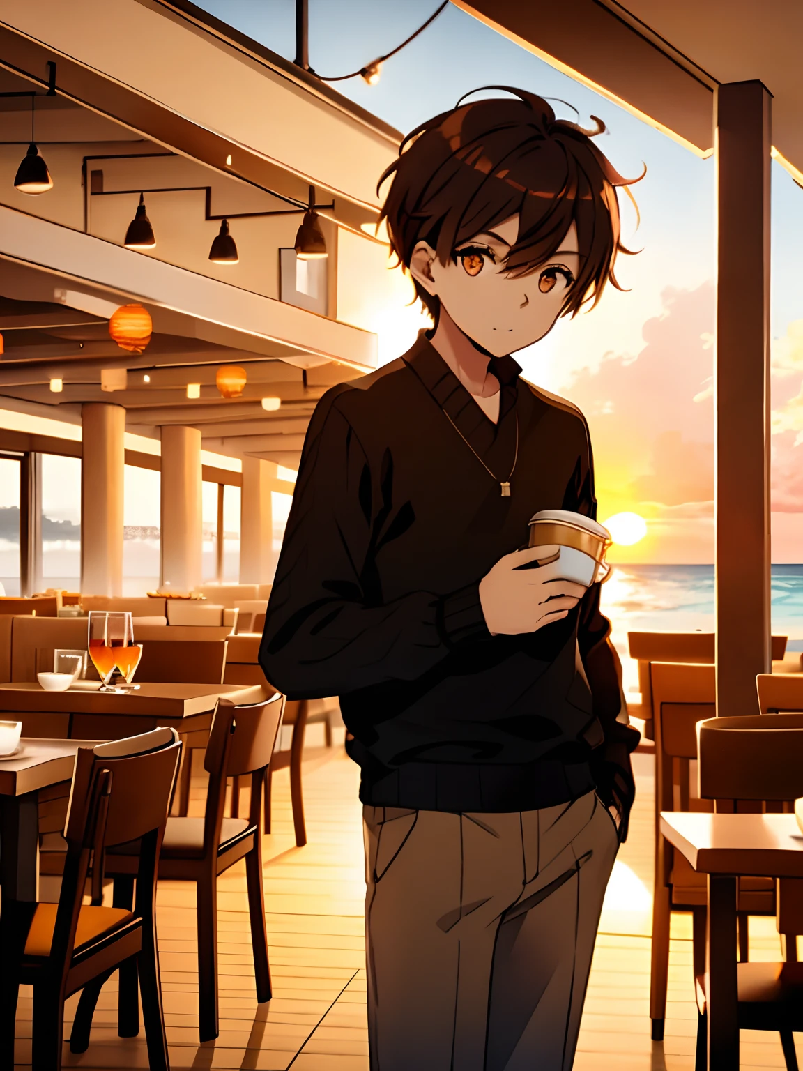 young boy, medium brown hair, orange eyes, black sweater, brown pants, in a restaurant with beach in sunset, 4k