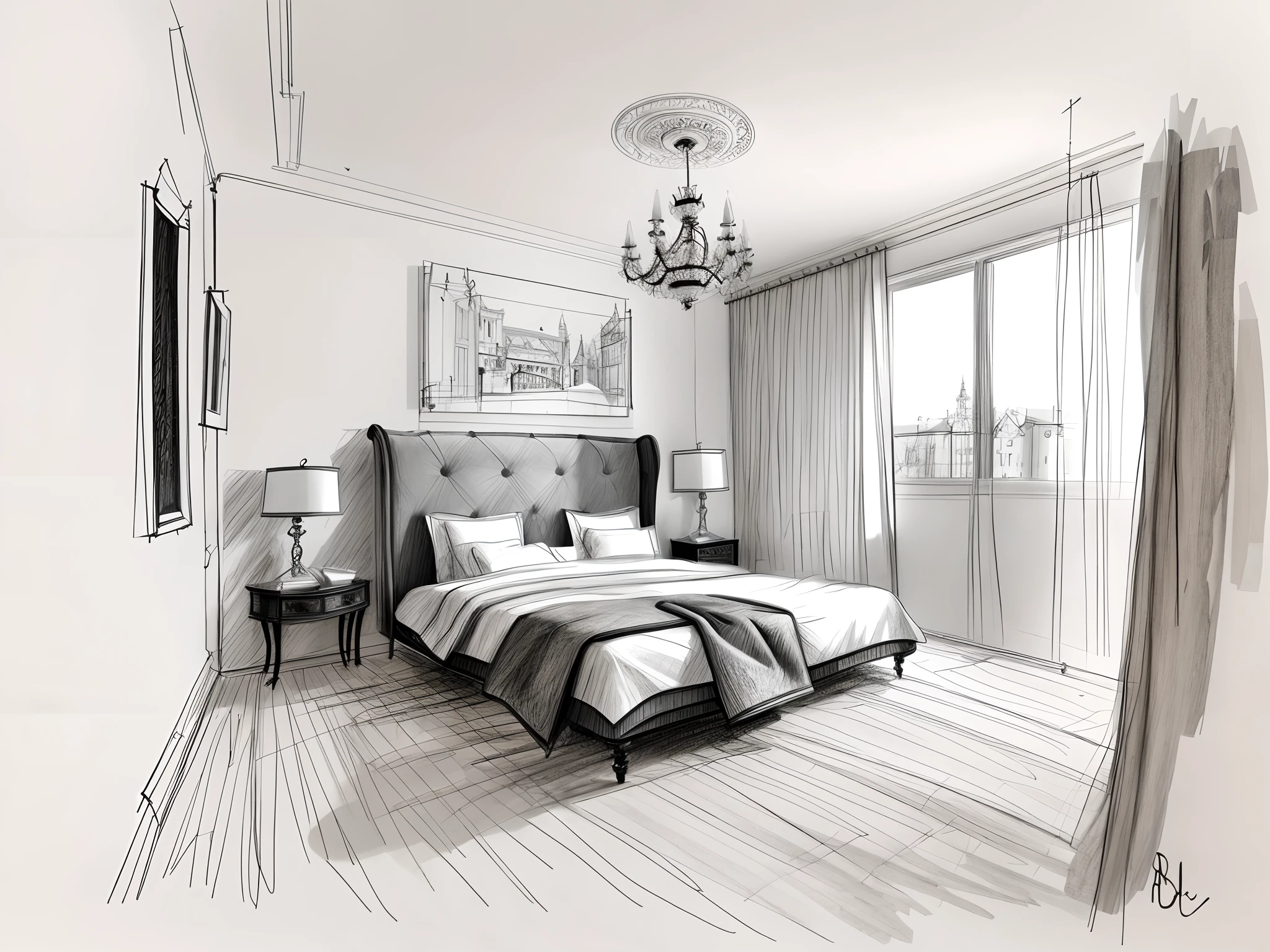 arafed drawing of a bedroom with a bed and a chandelier, sketch illustration, sketch black and white colors, sketch style, bedroom background, bedroom interior, bed room, exquisite rendering, inside of a bedroom, high quality sketch art, high quality sketch, interior design background, interior background art, a photorealistic rendering, architectural illustration, an interior of room