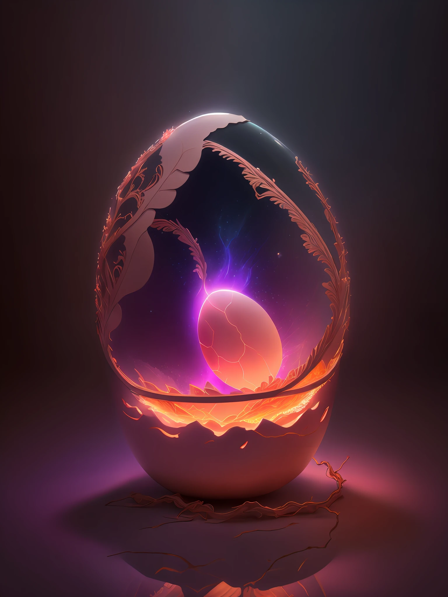 Efecto Shatter en After Effects,,soft 3D opaque ornate intricately carved ivory glowing cracked broken shell egg in a dimly lit room, with a very soft pink light emanating from under the egg, pinkish orange glowing spiral vine tendrils encompassing the egg lovingly as if it was alive, photorealistic, detailed, realistic, high quality, Background thunderstorms, detallado, realista, 8k UHD, alta calidad