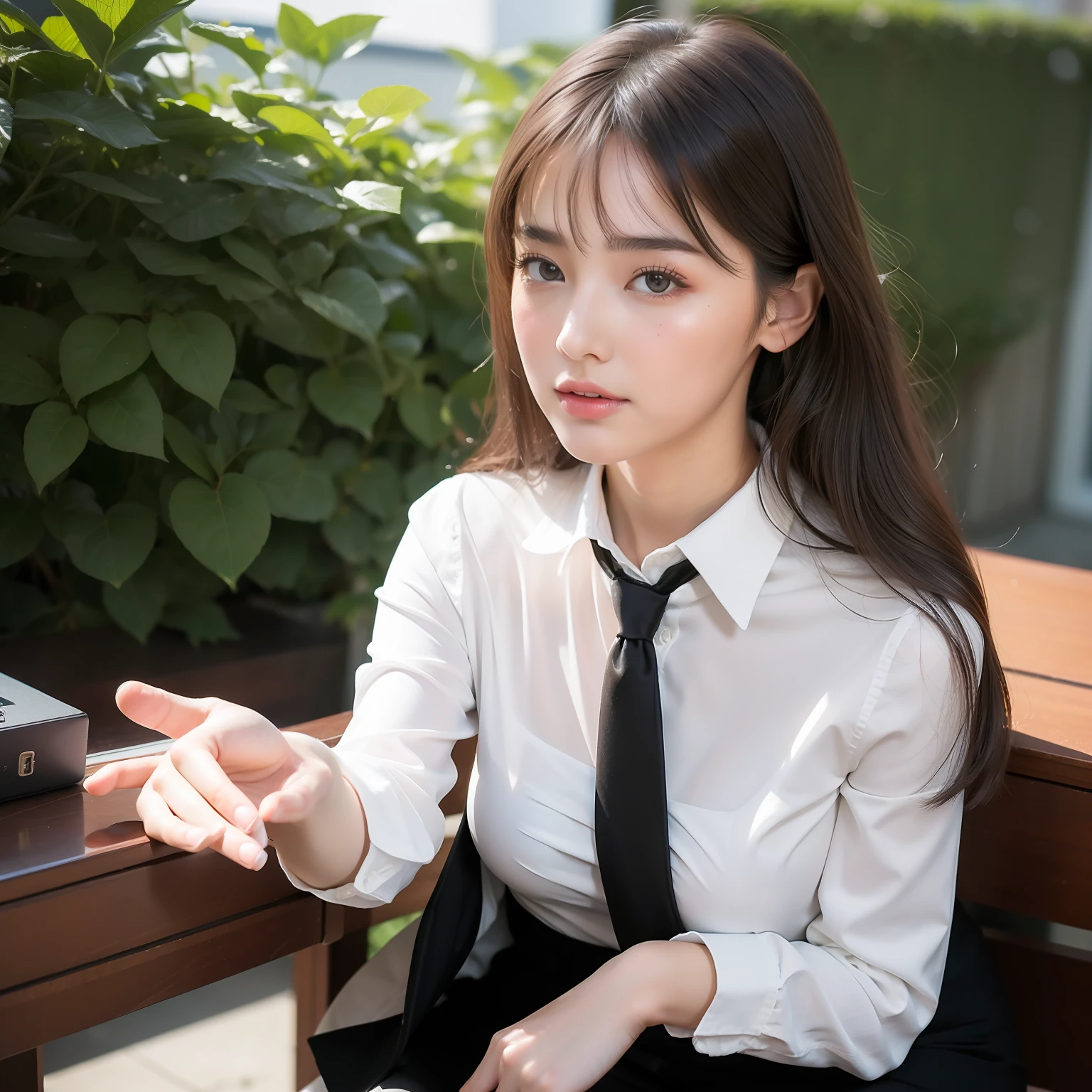best qualtiy， tmasterpiece， 1girll， beauitful face， （photograph realistic：1.3）， edge lit， （highdetailskin：1.2）， 8K, Ultra HD， digital SLR camera， high high quality， A high resolution， 4K， 8K， Bokeh， absurderes， Optimal proportions of four fingers and one thumb， （realisticlying：1.3）， Cute 1girl， Wearing a black formal blazer， mediuml breasts， short  skirt，，Less fabric