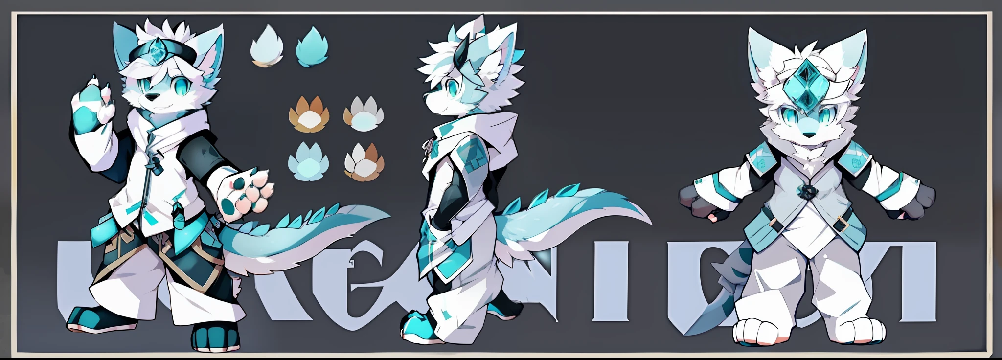 Samoyedskaya, Humanity, shaggy,Dogs, Dragons,(furry),(Clear cyan eyes), White hair, Gray-blue dragon tail,(((black sleeve))), {Short white sleeves with pockets,No hat},White cropped pants,exteriors,