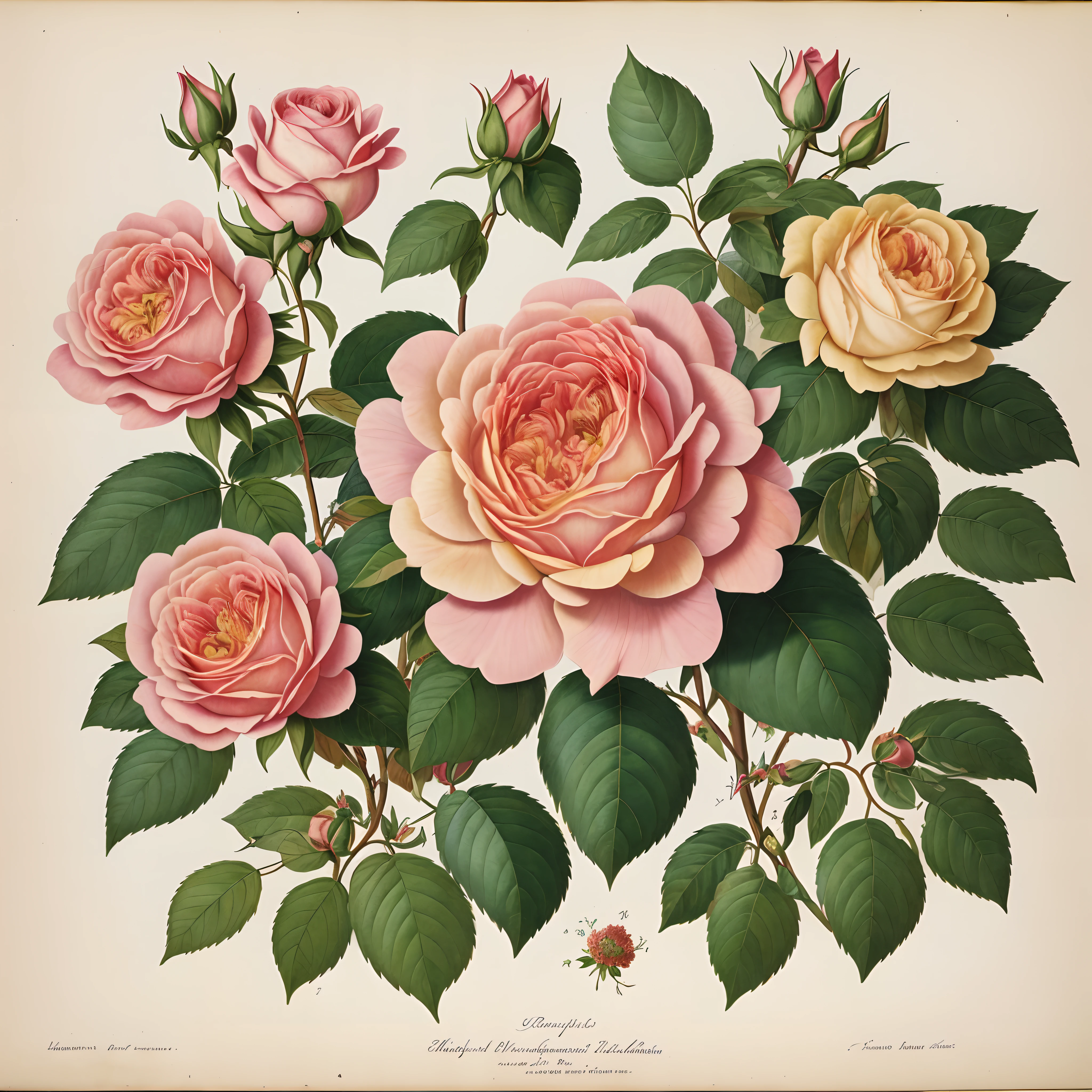 (best quality:1.2), (detailed:1.2), (masterpiece:1.2), vintage botanical illustrations of Larger Provence Rose (1770 1775) in high resolution by John Edwards
