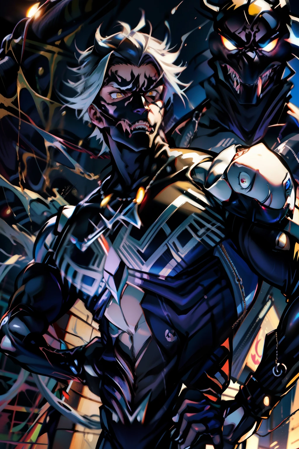《the original god》Arataki Kazuto , male people， chest muscle， Sexy , Venom symbiote for your body, Black mucus of the body , into venom, venomize，Black bodysuit，（Cloak），Red cape，Abs，（Adult male）（（Venom possession，venom symbiote）），over-Tortoise Man，Battle damage，((Masterpiece)), ((Best quality)), Ultra detailed,((illustration)), Dynamic Angle, Detailed light, (Delicate eyes), Floating, 1boy, Male focus, Head, Clothing, Yellow eyes, necklace, tattoo, (Forehead:0.8), (ahoge:0.8), jewelry, brunette color hair,apathy，Ray， chest muscle， Sexy , Venom symbiote for your body, Black mucus of the body , （into venom）, Venom，frontage，Bust photo，White tight-fitting top，spiderman outfit，style of anime4 K， 4K anime wallpaper， Badass anime 8 K， 4 k comic wallpaper， young anime man， Anime boys， Anime wallpapers 4 k， Anime wallpaper 4K， High quality anime art style， Anime moe art style， Anime art wallpaper 8 K， Anime art wallpaper 4 K， RGB lighting，