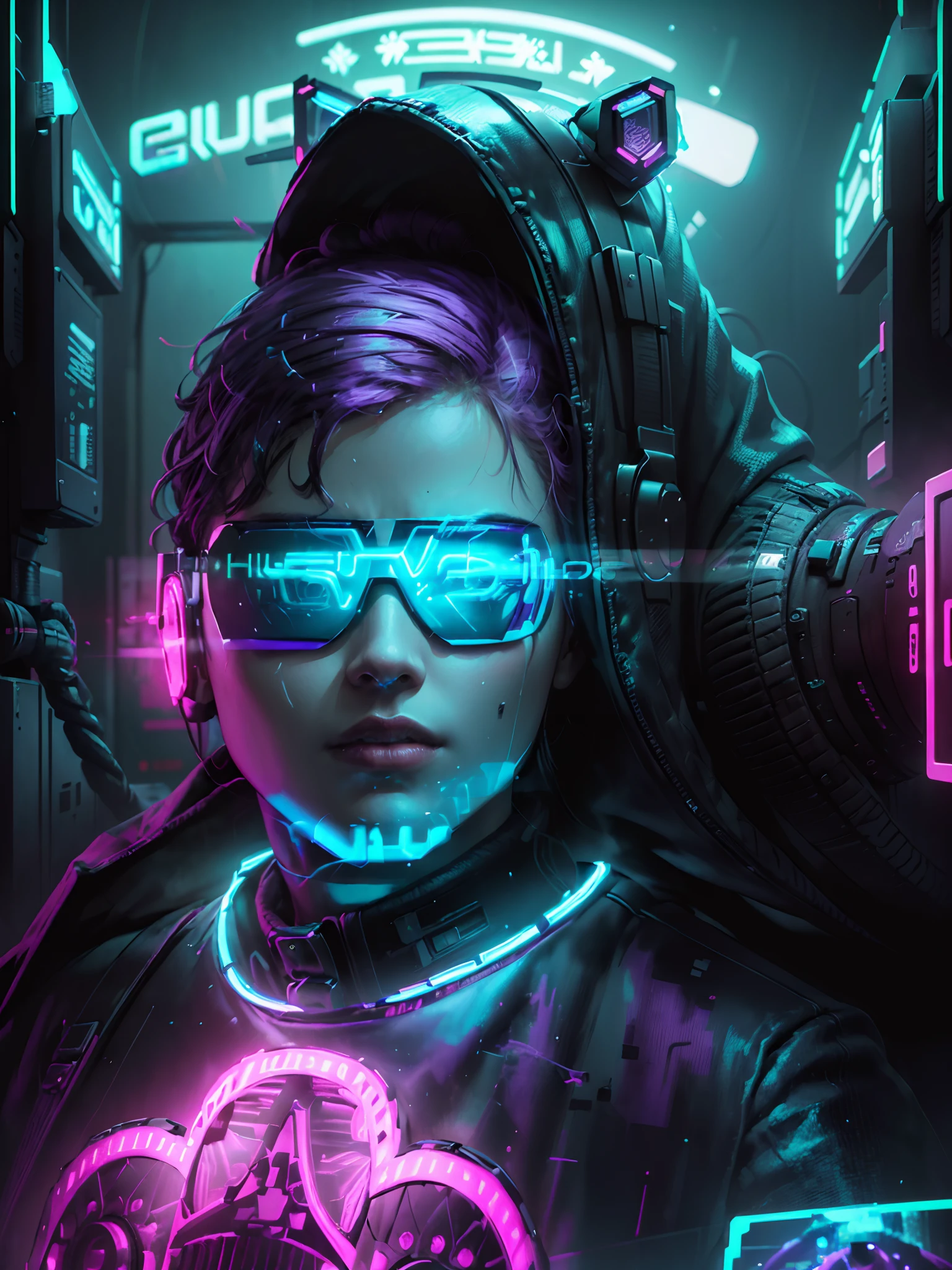 ((Best quality)), ((masterpiece)), (highly detailed:1.3), 3D,NeonNoir, beautiful cyberpunk,(wearing head-mounted display that is chunky and hi-tech:1.2),wearing a cape,hacking a computer terminal,PURPLE NEON LIGHT FROM MONITOR, GREEN NEON SIGNS ON THE WALL,