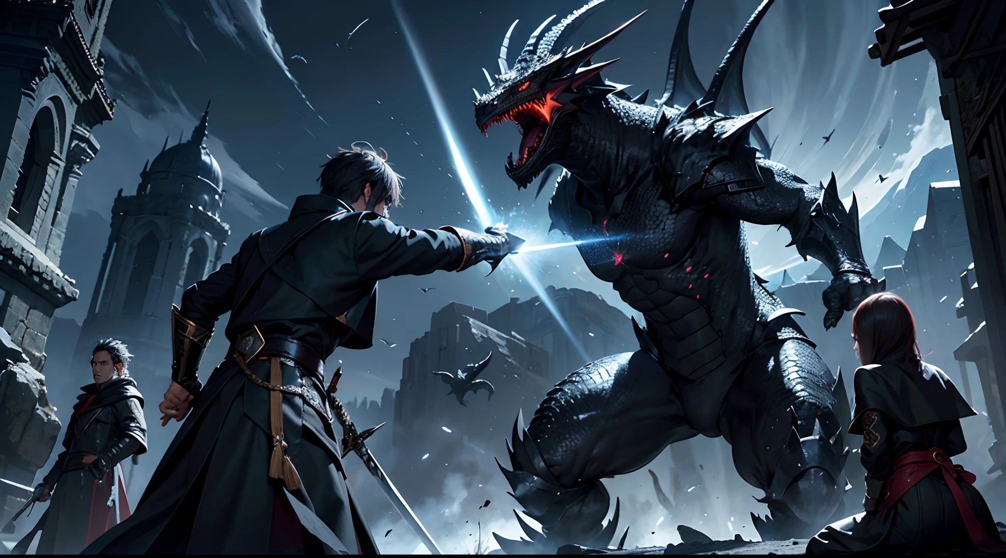 dark night , a male assassin , big black dragon , assassin is killing a black big dragon , dragon make flame , assassin has big magic sword , fire around them ,  big moon , black cloud in sky , in ruined place , shattered the ground , meteorite falling from sky , assassin has black clothes , assassin has magic controlling , smoke and spark and dust in air , (ultra detailed dragon) , (ultra detailed assassin) , (ultra detailed man face) , (ultra detailed meteorite) , (ultra detailed sword) , (ultra detailed magic) , (ultra detailed scene) , assassin fighting with dragon, dragon make flame