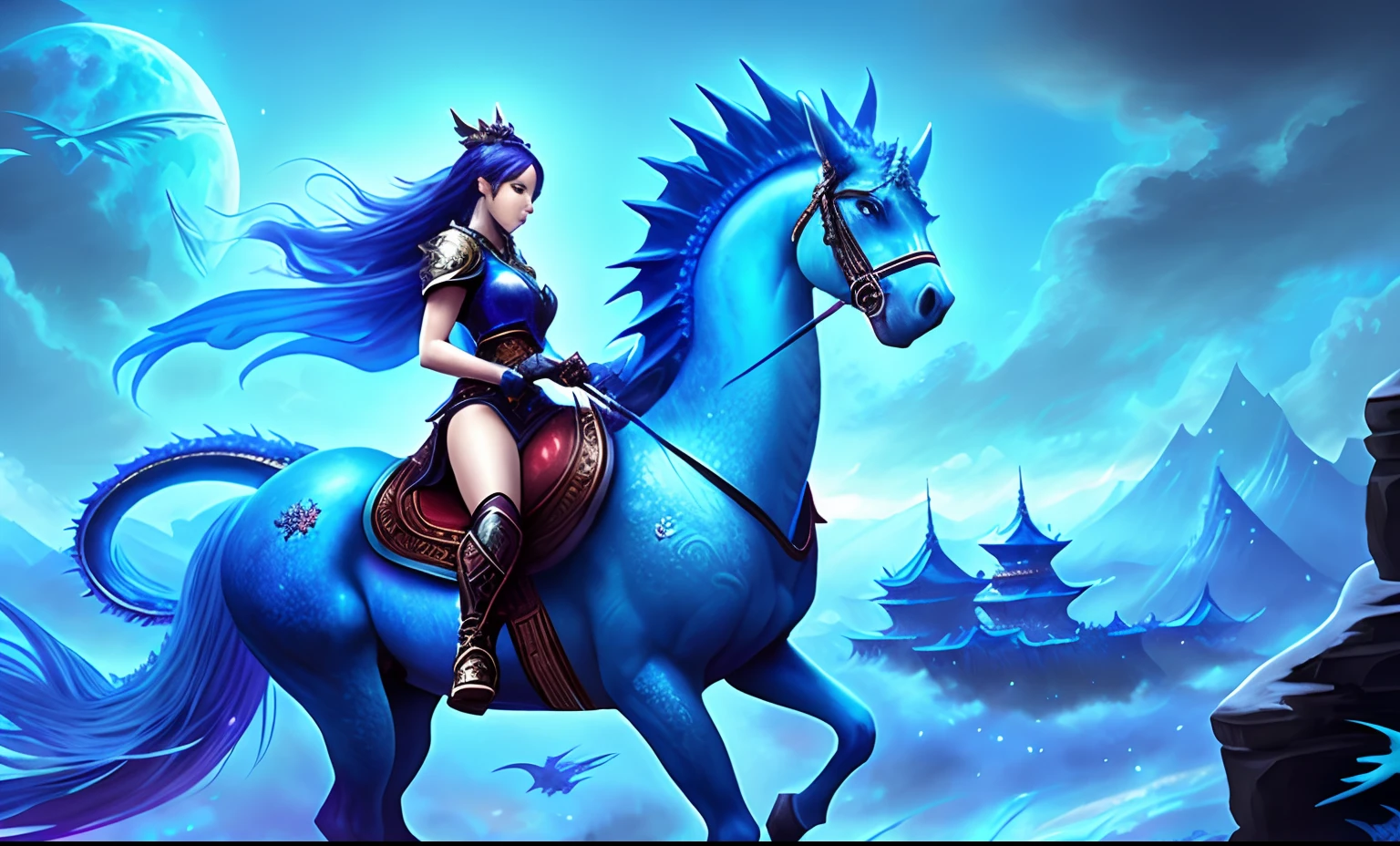 A woman riding a horse with a dragon on it., epic fantasy art style hd, epic fantasy digital art style, epic fantasy art style, detailed fantasy art, detailed digital 2d fantasy art, detailed fantasy digital art, dragon inspired blue armor, cyan chinese dragon fantasy, beautiful celestial mage, High-quality fantasy art, Hearthstone Fantasy Art Style, fantasy art style
