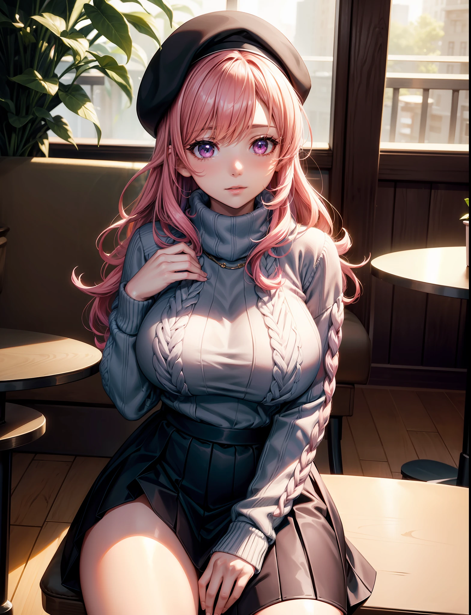 4k, ,Lens flare, pink hair ,mascara, eyeliner, god rays, 4k, 8k, best quality, masterpiece, hyper detailed, intricate detail, 1girl, solo, detailed, Detailed fuchsia hair ++, detailed pink eyes ++, raytracing, perfect shadow, highres, enhanced eyes, huge breasts, horns, seductive, hyper detailed, Whispers of Desire: In a quiet corner of a chic café, an anime girl leans in close to her date, sharing secrets and stories that spark desire. Her voice carries a tantalizing edge that leaves her date captivated.Embracing the cozy atmosphere of the café, the anime girl wears a chunky knit sweater over a knee-length skirt and patterned tights. She pairs the outfit with knee-high boots and a warm scarf. Loose Waves with Beret:
The anime girl's hair cascades in loose waves, adding a touch of effortless charm. She wears a beret slightly tilted to one side, framing her face and giving her a cozy yet stylish appearance. plants and tables in the background with other customers