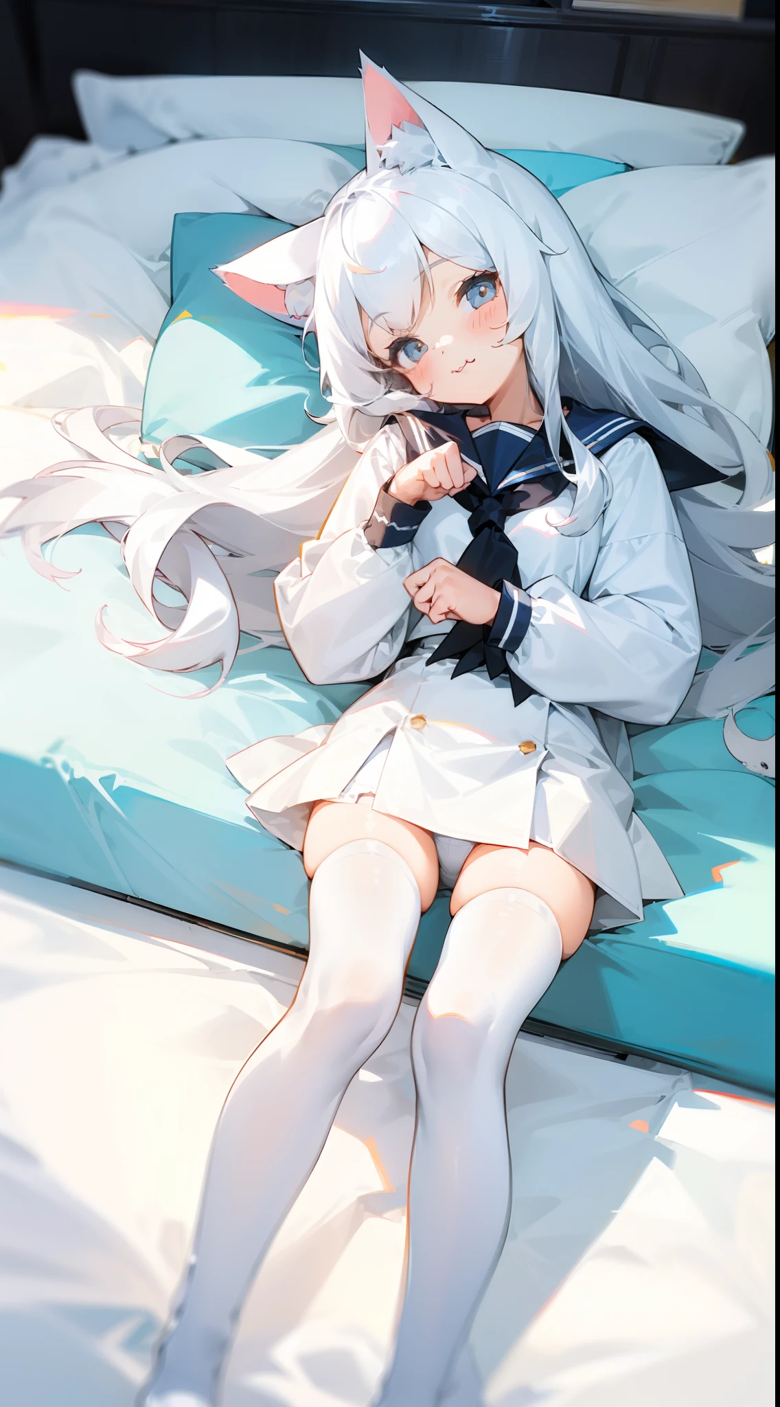 (Cute girl:1.5)，(White stockings:1.2+White color hair:1.2)，(cat ear:1.2)，a sailor suit，long whitr hair，Beds