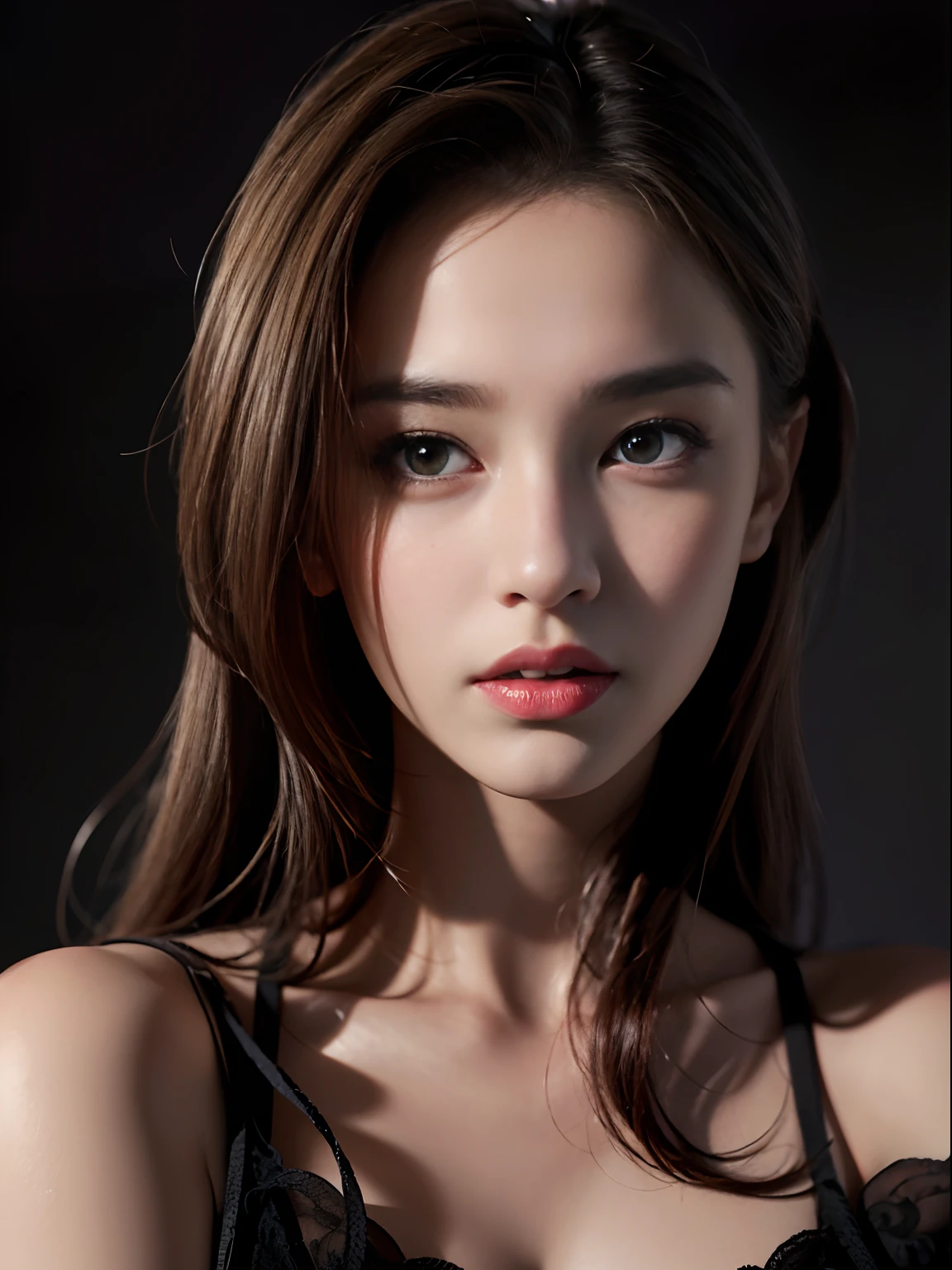 Best quality, masterpiece, ultra high res, (photorealistic:1.4), raw photo, 1girl, offshoulder, in the dark, deep shadow, low key, cold light
