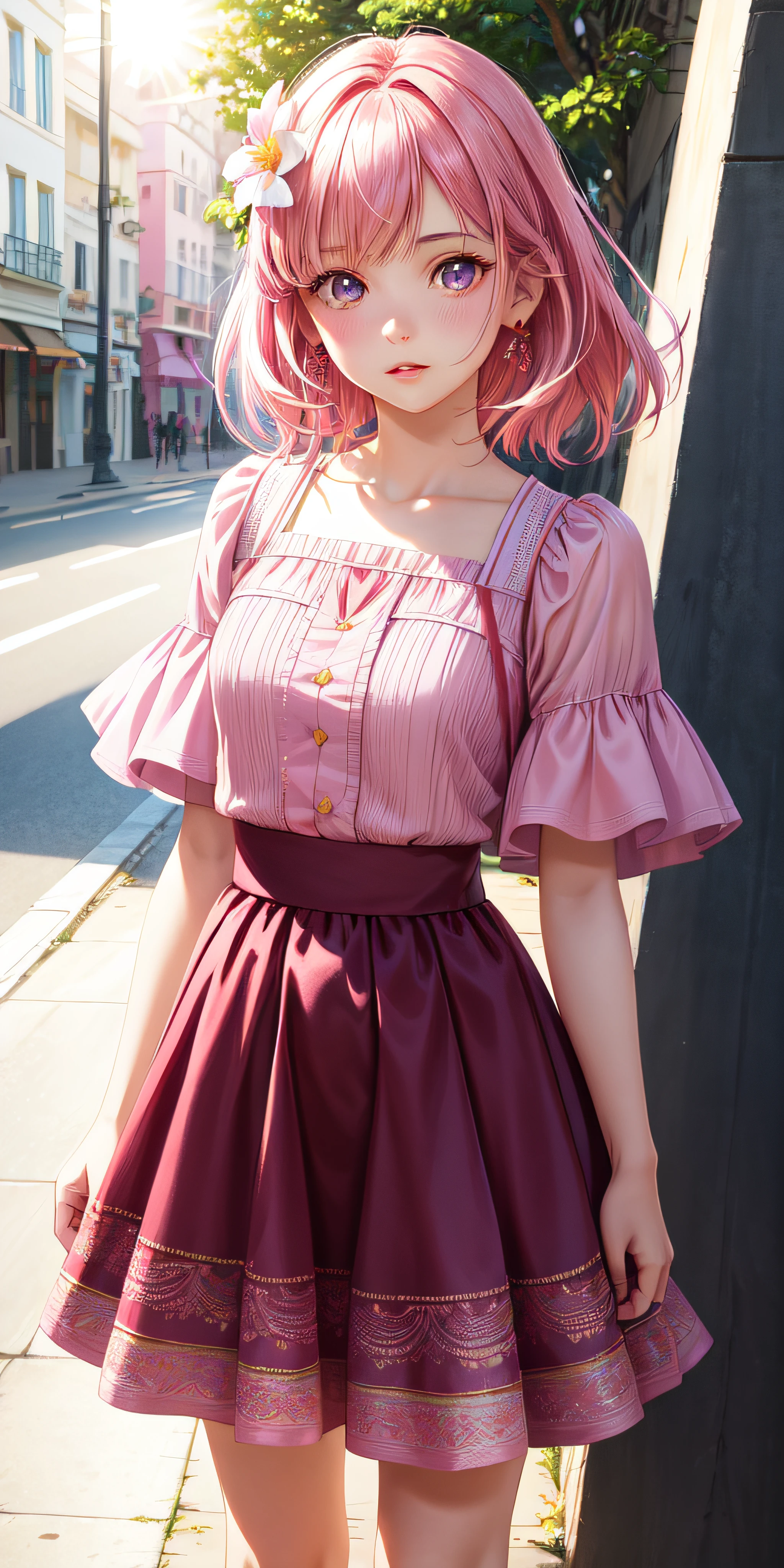 Realistic, 1girl, pink hair, violet eyes, bright eyes, cropped top, skirt, parted lips, blush, night, flowers, sun, sunlight, red skirt, short skirt, medium length hair, warm colors, short pink dress , light background color, daytime environment, bright color background, Saudi, ocean, cute