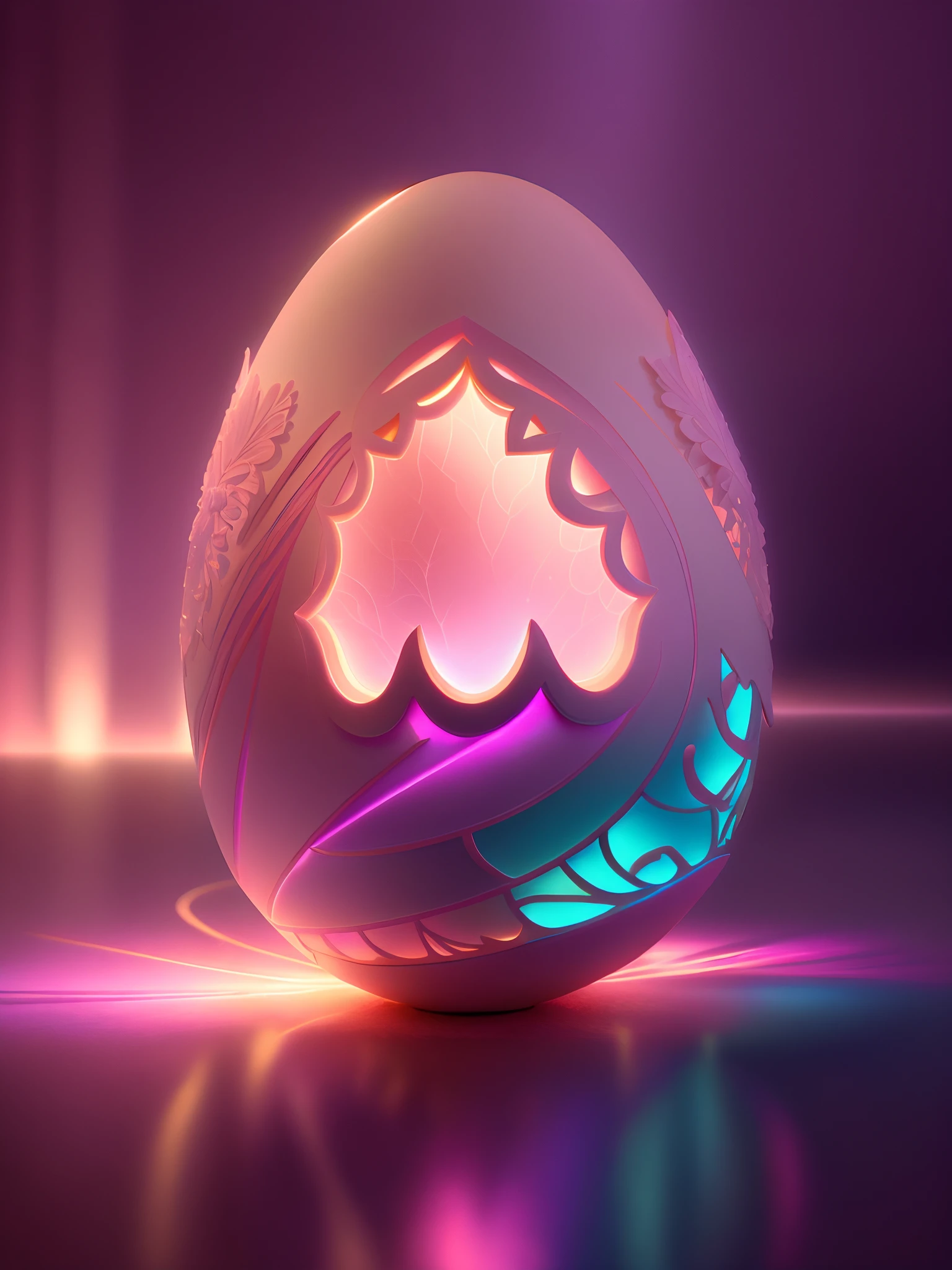 Efecto Shatter en After Effects,,Soft 3D opaque intricately carved bright ivory cracked broken shell egg in a dimly lit room, con una luz rosa muy suave que emana de debajo del huevo, zarcillos de vid en espiral brillantes de color naranja rosado que abarcan el huevo amorosamente como si estuviera vivo, fotorrealista, detallado, realista, alta calidad, Background thunderstorms, detallado, realista, 8k UHD, alta calidad, BARBIECORE.  MAGIC, FANTASY, PINK, VIOLET, GOLD PALETTE