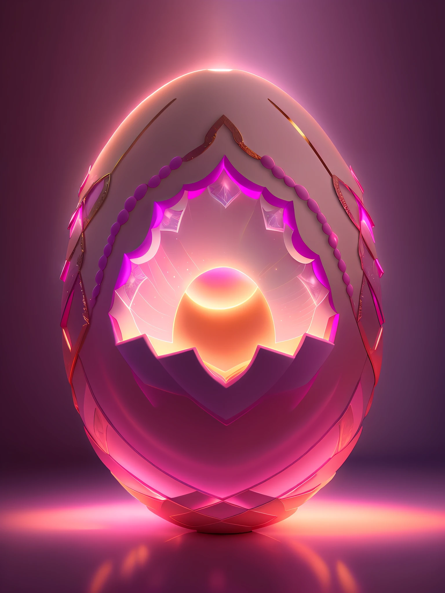 Efecto Shatter en After Effects,,Soft 3D opaque intricately carved bright ivory cracked broken shell egg in a dimly lit room, con una luz rosa muy suave que emana de debajo del huevo, zarcillos de vid en espiral brillantes de color naranja rosado que abarcan el huevo amorosamente como si estuviera vivo, fotorrealista, detallado, realista, alta calidad, Background thunderstorms, detallado, realista, 8k UHD, alta calidad, BARBIECORE.  MAGIC, FANTASY, PINK, VIOLET, GOLD PALETTE