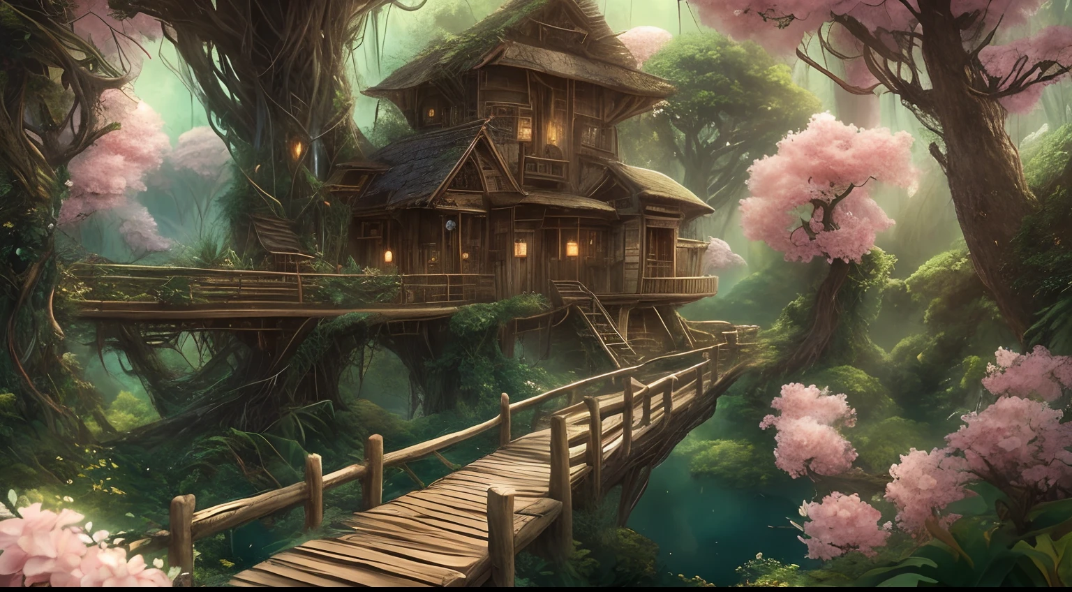 awardwinning, concept-art, fine art, epic fantasy digital art, bird's eyes view，Cinematic lighting,Downward view，super wide shot，Viewing angle from afar，depth of fields，The beauty of the fairytale forest，waterfallr，Quaint, Picturesque, Rustic, Lush big breasts, ((lawns)), ((Peach blossom tree:1.2)), Small rivers, ((Many tree houses)), ((The tree house is connected to the tree house by a wooden bridge)), ((Ivy is intricate)), Epic, ((Cinematic lighting)), High quality, High contrast, Realistic lighting,4K textures, photolab, hdr, ((iintricate)), elegant, Highly detailed, Sharp focus, insanely details, Intricate details, ultra - detailed, Harsh movie light, Outdoor atmosphere,tmasterpiece，best qualtiy，（Very detailed CG unity 8K wallpaper），（best qualtiy），（Most Best Illustration），（Best shadow），glowing sprites，Natural elements in the forest theme。Mysterious Forest，Beautiful forest，naturey，surrounded by flower，Delicate leaves and branches are surrounded by fireflies（nature elements），（Jungle theme），（Foliage），（tree branch），（Particle effect）wait。3D ，  Ray traching，