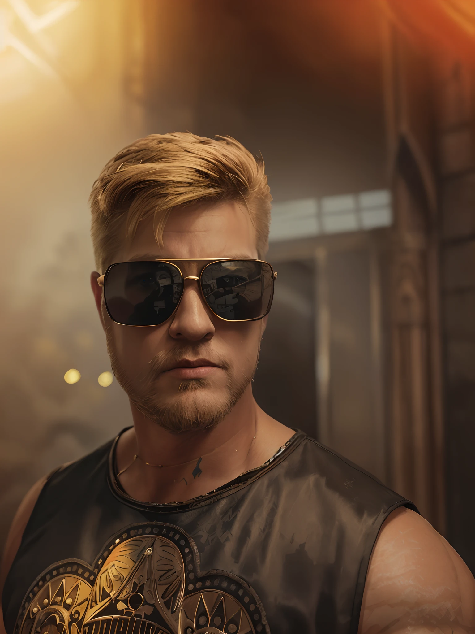 ashenhard style,ultra-detailed,highres,intricate detail,(best quality:1.2),(masterpiece:1.2),wallpaper,illustration,original, man, muscular, (duke nukem:1.1), sunglasses, crown, cool, blonde, short hair, portrait, closeup, crown, ikon,