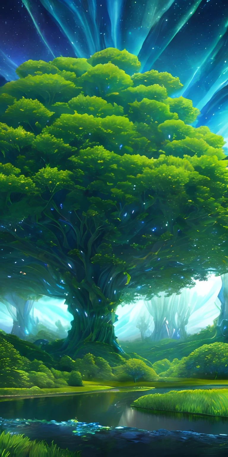 Illustration of a surreal, otherworldly, hyper sky scene including a giant crystal tree full body, highly detailed and magical lighting, intricate forest details, vegetation and surrounding river, solar punk, landscape, giant tree , beautiful green leaves, beautiful lighting and realistic proportions, as if this is a movie background, 8k, highest quality, masterpiece, clouds and stars in the sky.