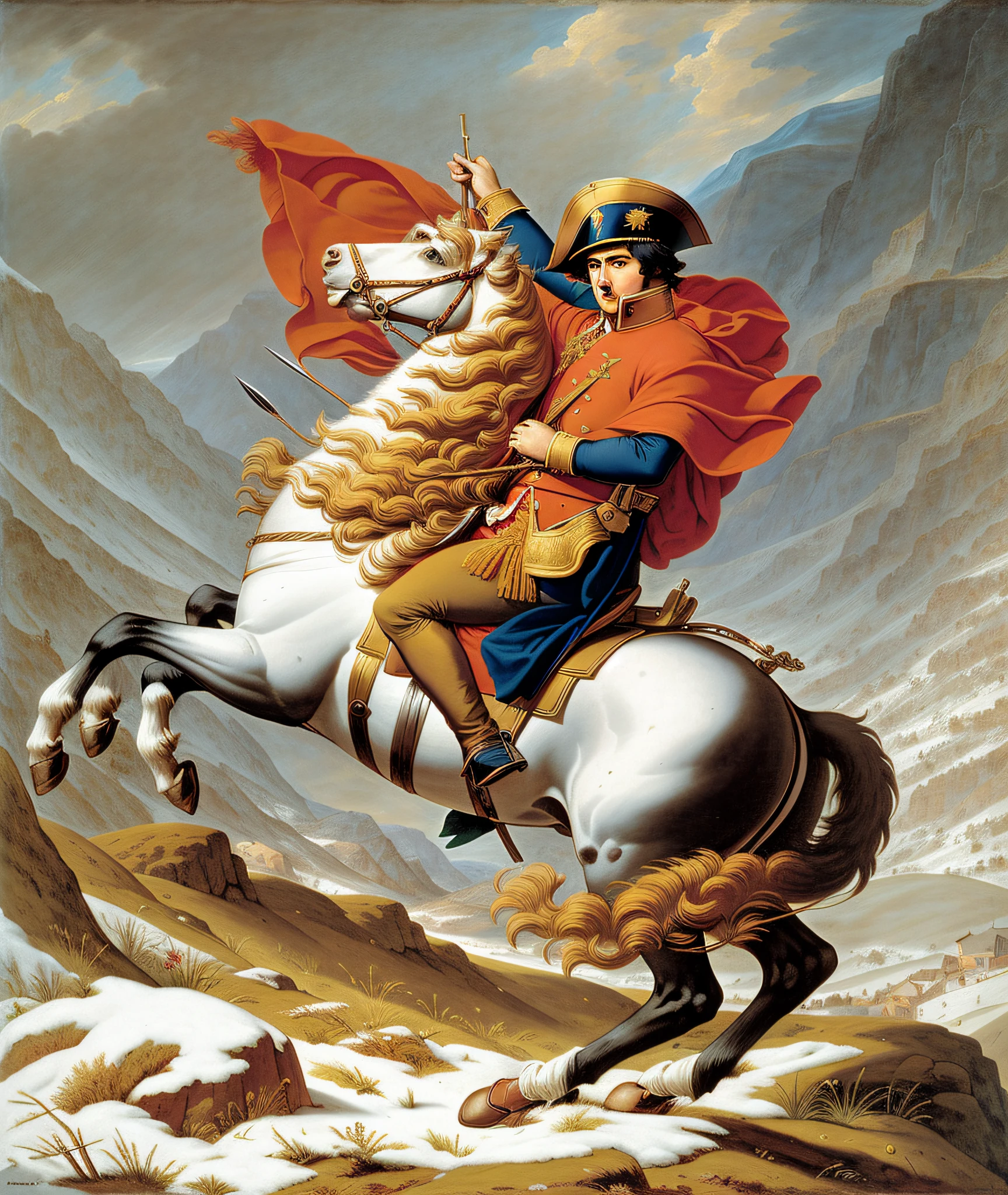 pintura de um homem montado em um cavalo com uma capa vermelha, napoleon crossing the alps, Directed by: Jacques-Louis David, napoleon, jacques - louis david, Jacques Louis David Estilo, jacques louis david, napoleonic, Directed by: André François, Directed by: Louis-François Aubry, Directed by: Jean-François de Troy, inspirado em Jacques-Louis David