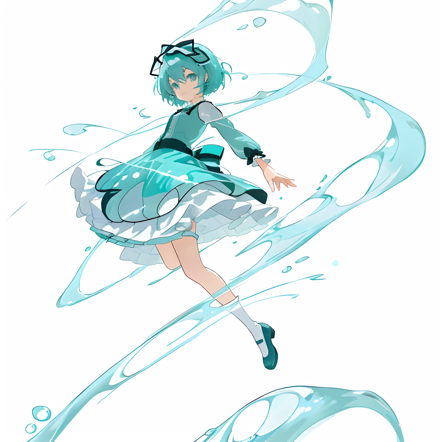 Anime girl in cyan dress and water element, painttoolsai!! Blue, Hatsune Miku, Os amigos, loli in dress, touhou character, painttool sai, anime moe art style, cute anime waifu in a nice dress, Anime girl with teal hair, Hatsune Miku short hair, she is floating in the air, made in paint tool sai2