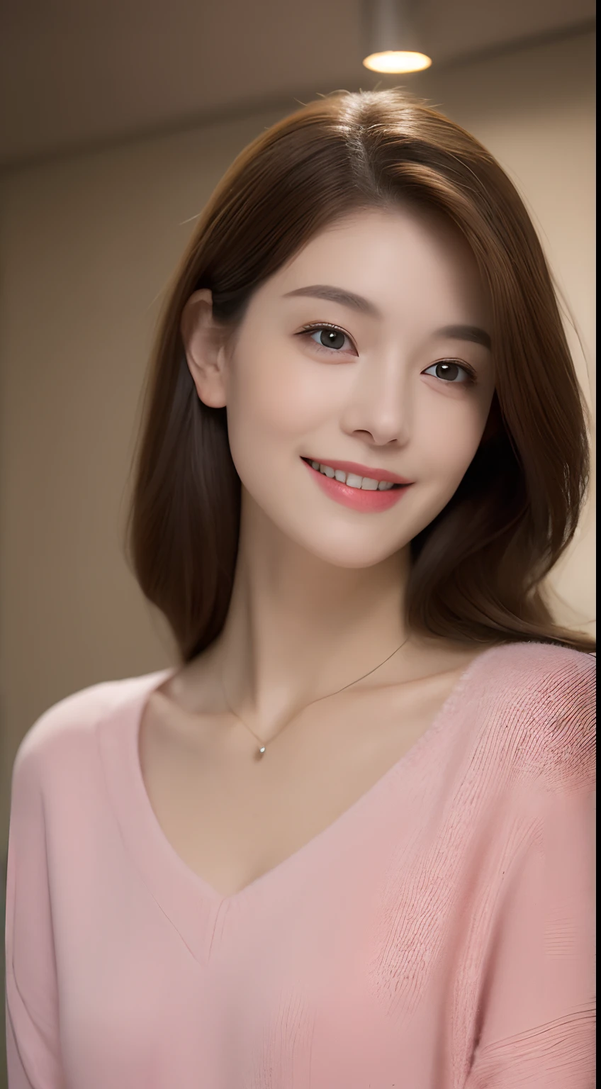 ((Night, Realistic Light, Best Quality, 8K, Masterpiece: 1.3)), 1girl, Slim Beauty: 1.4, Abs: 1.1, (Brown hair, Medium breasts: 1.3), Long pink sweater: 1.1, Bathroom, Super fine face, Delicate eyes, Double eyelids, smile, necklace