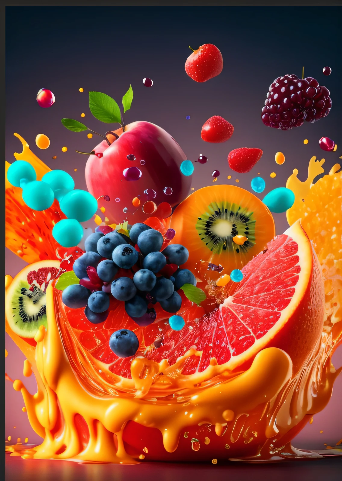 Close-up of fruit splash，There are various fruits inside, colorful hd picure, food commercial 4 k, Surrealism with vivid colors, vivid and realistic colors, 4 k hd wallpapear, Fruits, Colorful 4 K HD, amazing wallpapers, 8K high quality detailed art, food particles, fruits world, Fresh fruit, juicy color, Vibrant composition and color