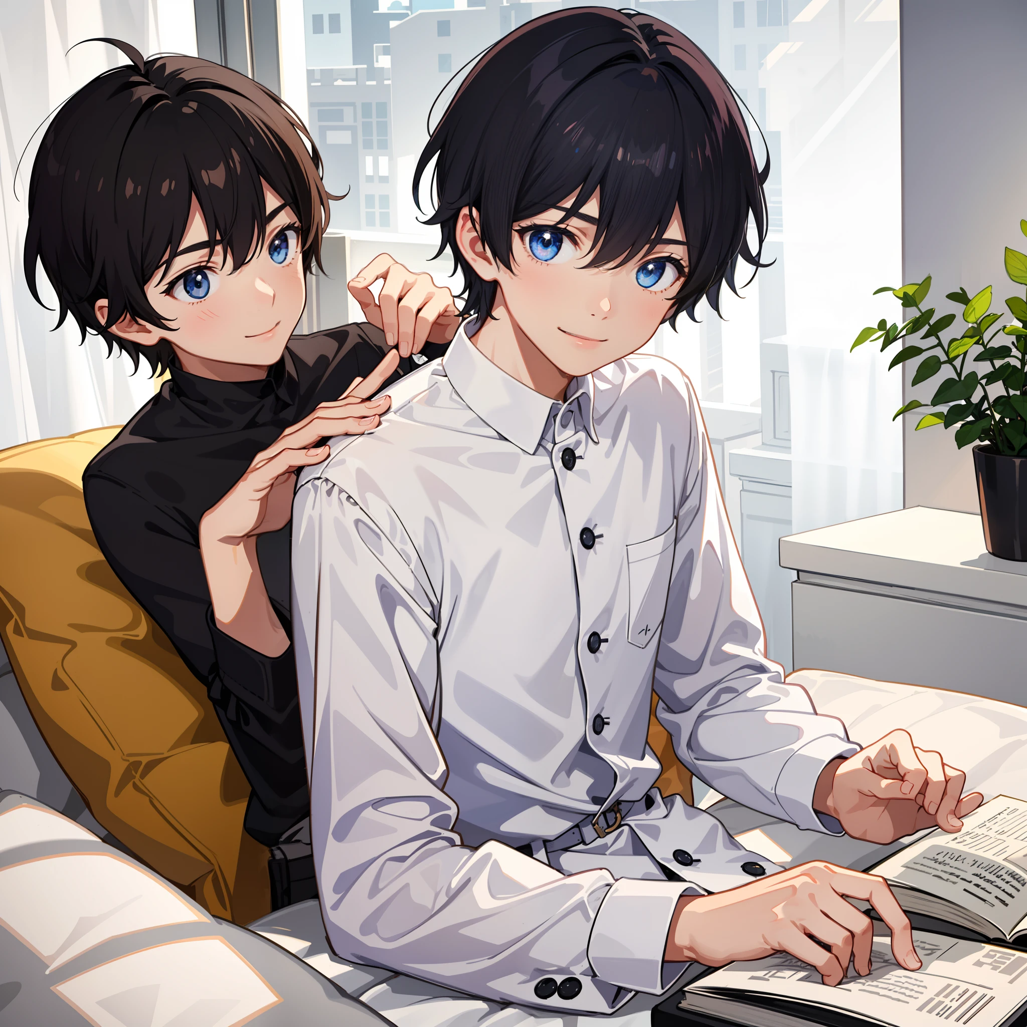 1boy, with light glowing, side-lighting, Wallpapers,petting a cat,lendo livros,ssmile,brunette color hair,