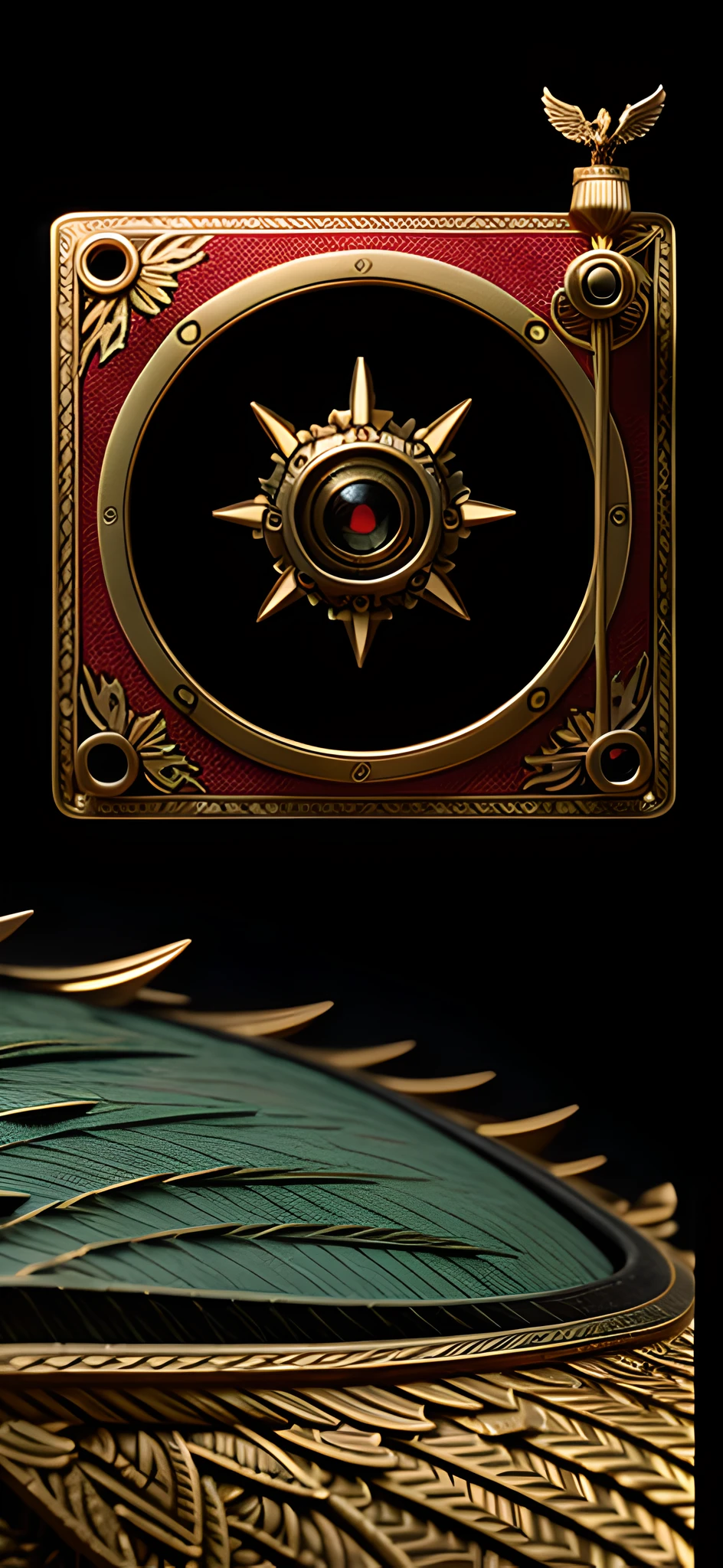 Character design, illusory engine, Crimson Falcon,The black brass beak is engraved with fine runes, Gorgeous feathers and badges, Wear a small gold cuirass with patterns and runes, ZaUm, and the rider's saddle, Large and leafy - like a feather, Proud creatures, Large birds of prey, 70mm, vogue, Environmental occlusion, cinematic ligh, hyper - detail, 80mm, Depth of field, Dramatic lighting, voluminetric lighting, Hyper-detailing, photo-realistic face, Cinematic 8K, captured on film