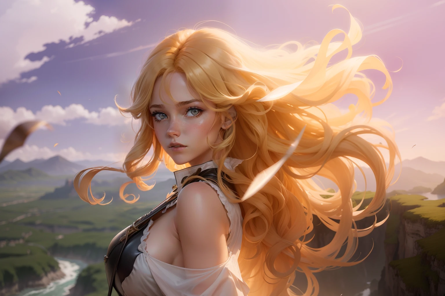 Anime female characters,Best Female Anime Character,Full body portrait of anime female,From the abyss,Annihilated Leisha,Depict the full body figure,curly blond hair,Long curly blonde hair,Hair length to calves,Frontal portrait,Sunlight on the edge of the cliff,Realistic background style,HD scenery,Standing above the abyss of reality,View of the town in the distance,The town has a variety of European-style houses,The wind ruffled the curly blonde hair,Black leather riding boots,Super long hoe type sword-type weapon,Curved sword weapon,Large, Thick shiny blonde curls,Blue eyes are determined and positive,Black leather cloak,grown woman