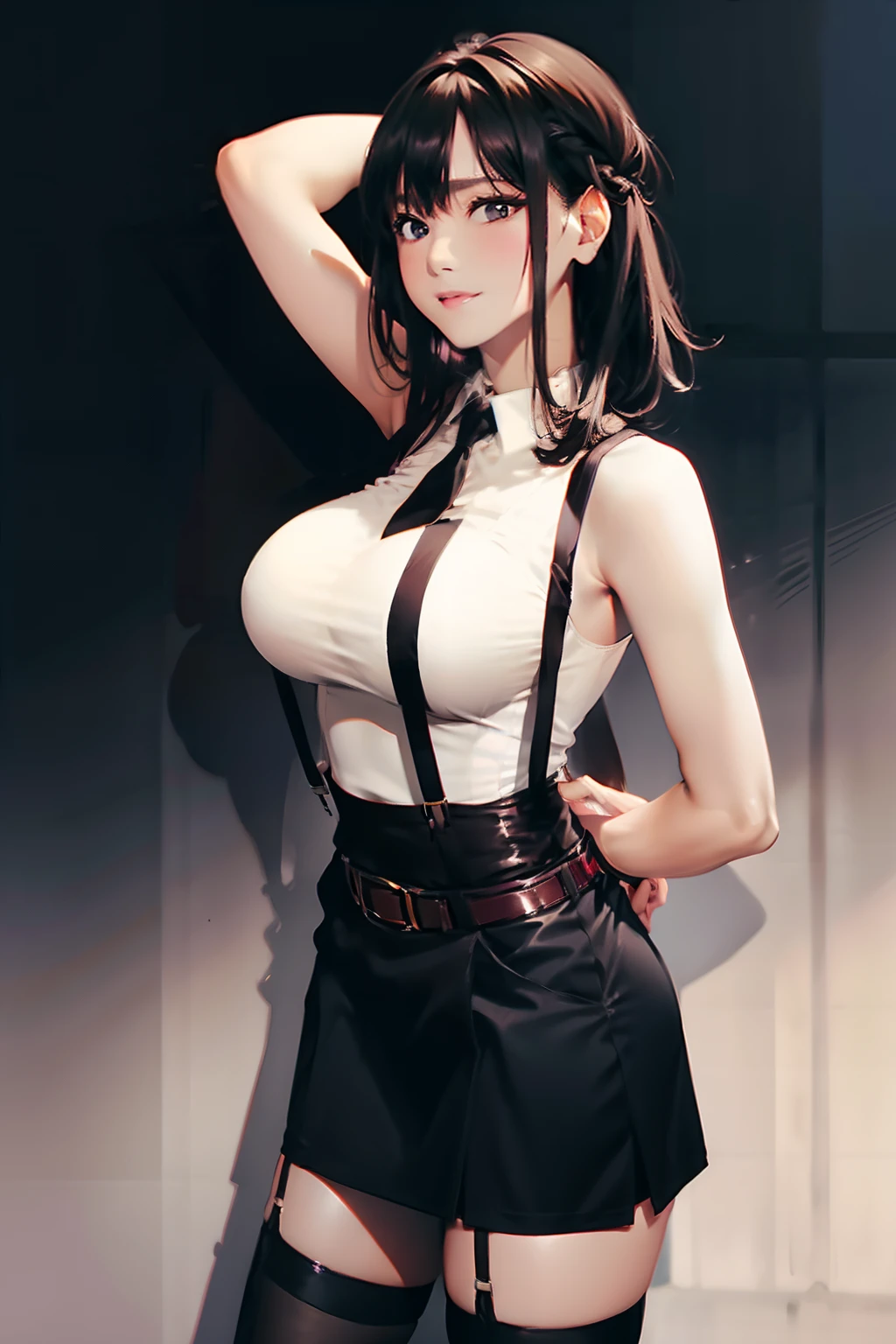 a belt suspenders a black skirt neck tie Black tank top Black stockings Brown hair long Gray eyes holster Garter belt on the legs large full breasts Fold your hands behind your back Get hungry Colossal tits Pichi Pichi clothes