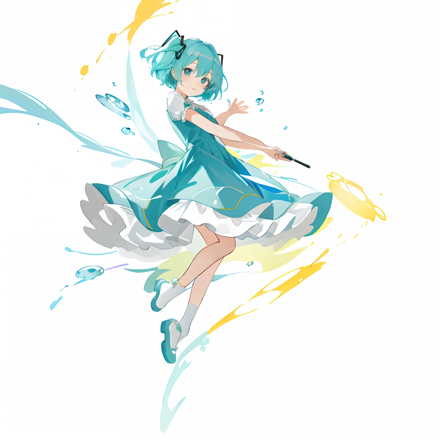 Anime girl in cyan dress and water element, painttoolsai!! Blue, Hatsune Miku, Os amigos, loli in dress, touhou character, painttool sai, anime moe art style, cute anime waifu in a nice dress, Anime girl with teal hair, Hatsune Miku short hair, she is floating in the air, made in paint tool sai2，Whole body diagram