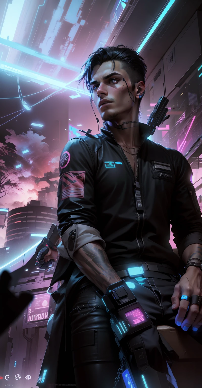 Change background, cyberpunk handsome boy, ultra realistic