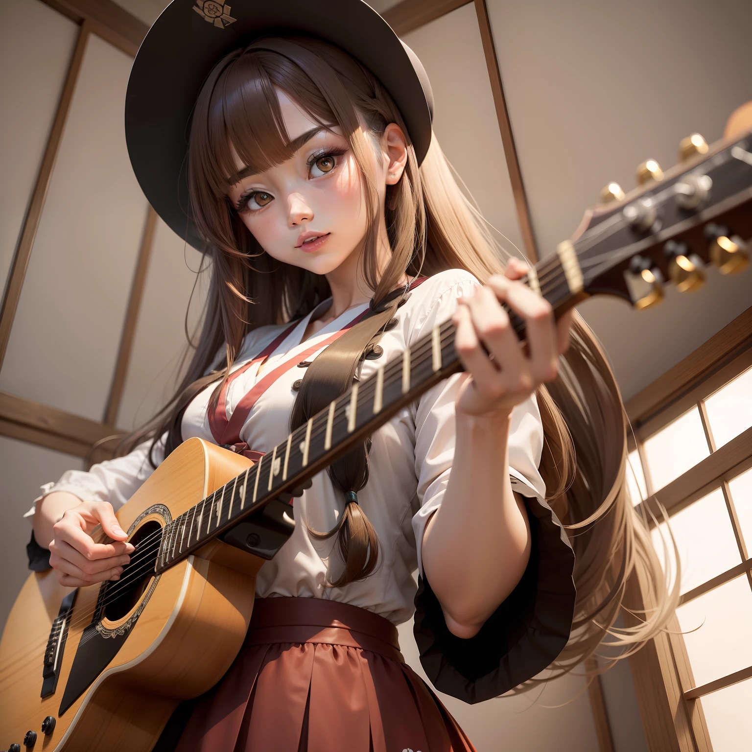 Garota, estilo anime japones, cabelos comprido retos e longos, cabelo marrom, olhos azuis, roupa colegial cinza claro, saia cinza escura, tocando uma guitarra