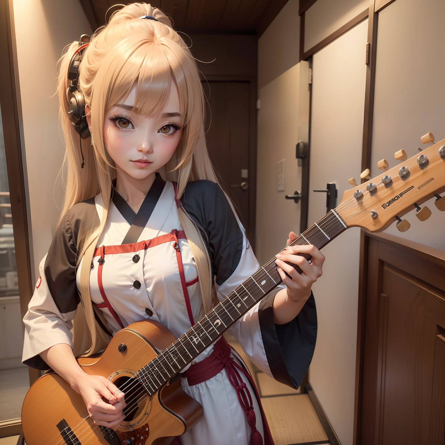 Garota, estilo anime japones, cabelos comprido retos e longos, cabelo marrom, olhos azuis, roupa colegial cinza claro, saia cinza escura, tocando uma guitarra