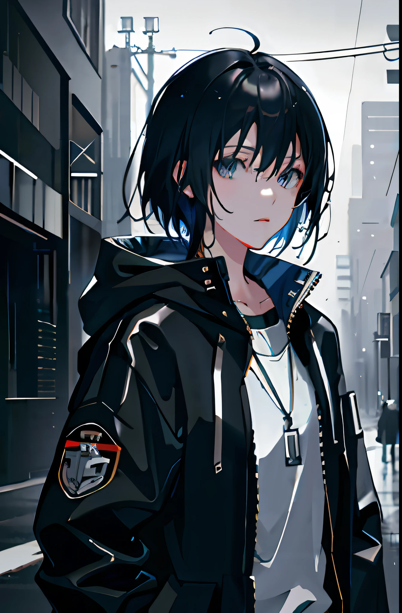 1girl, jacket, rain, outdoor, hoodie, open jacket, chain, backpack, looking at another, messy hair, trending on artstation, 8k resolution, highly detailed, anatomically correct, sharp image, digital painting, concept art, trending on pixiv, style of makoto shinkai,