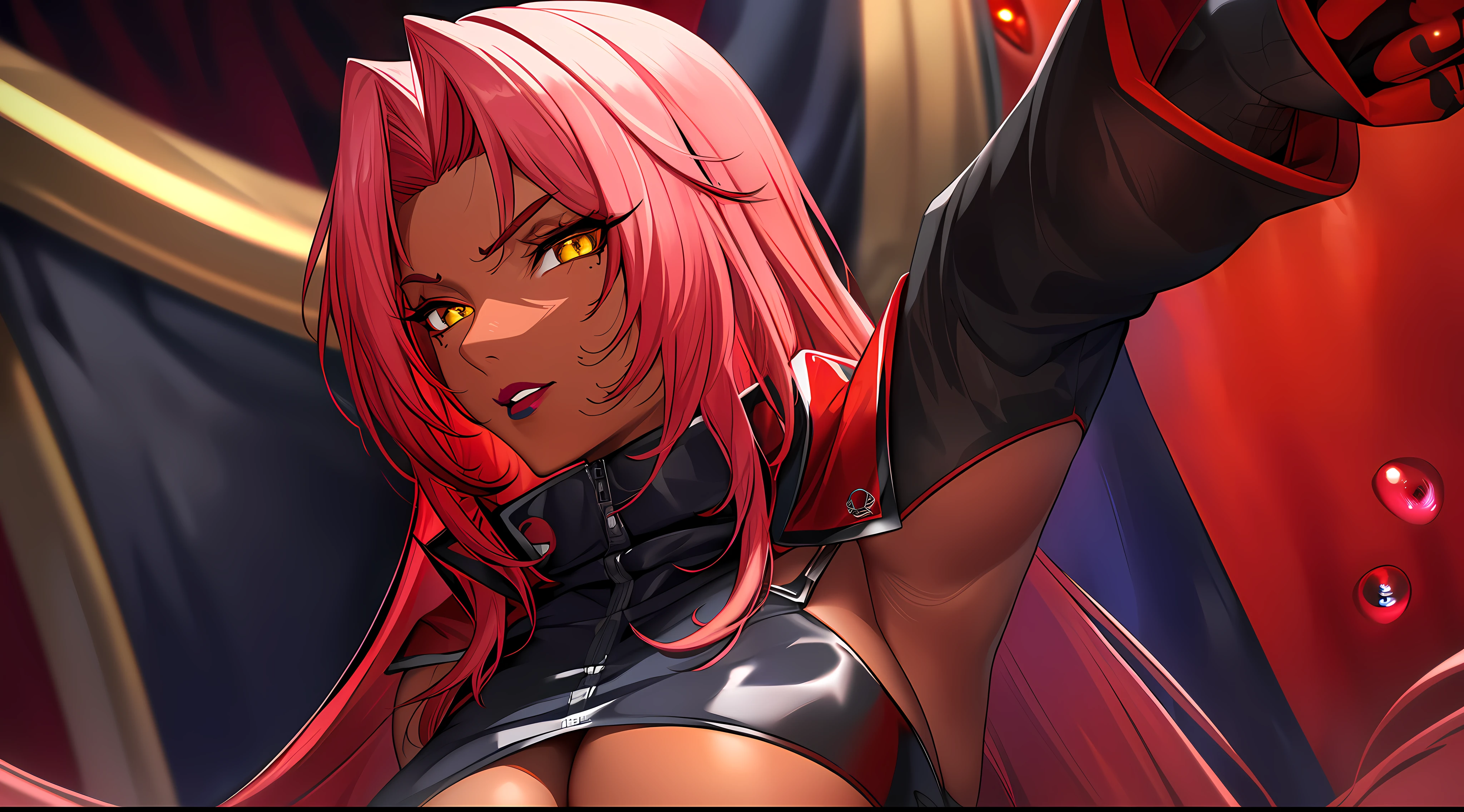 (highres, high quality:1.2), intricate details, cinematic lighting, sharp focus, depth of field, Ingrid, 1girl, mature female, (dark-skinned female:1.1), dark skin, ((upper body, half body shot:1.3)), (looking at viewer, sunny beach, determined, pink red hair, very long hair, hair intakes, makeup, lipstick, (mole under mouth:0.8), eyelashes, yellow eyes, detailed face, helloutfit, red cape, black (turtleneck:1.1), (underboob:1.1), black elbow gloves, (coattails:1.1), revealing clothes, center opening, (multicolored clothes:1.1) midriff, natural large breasts, (solo:1.4)