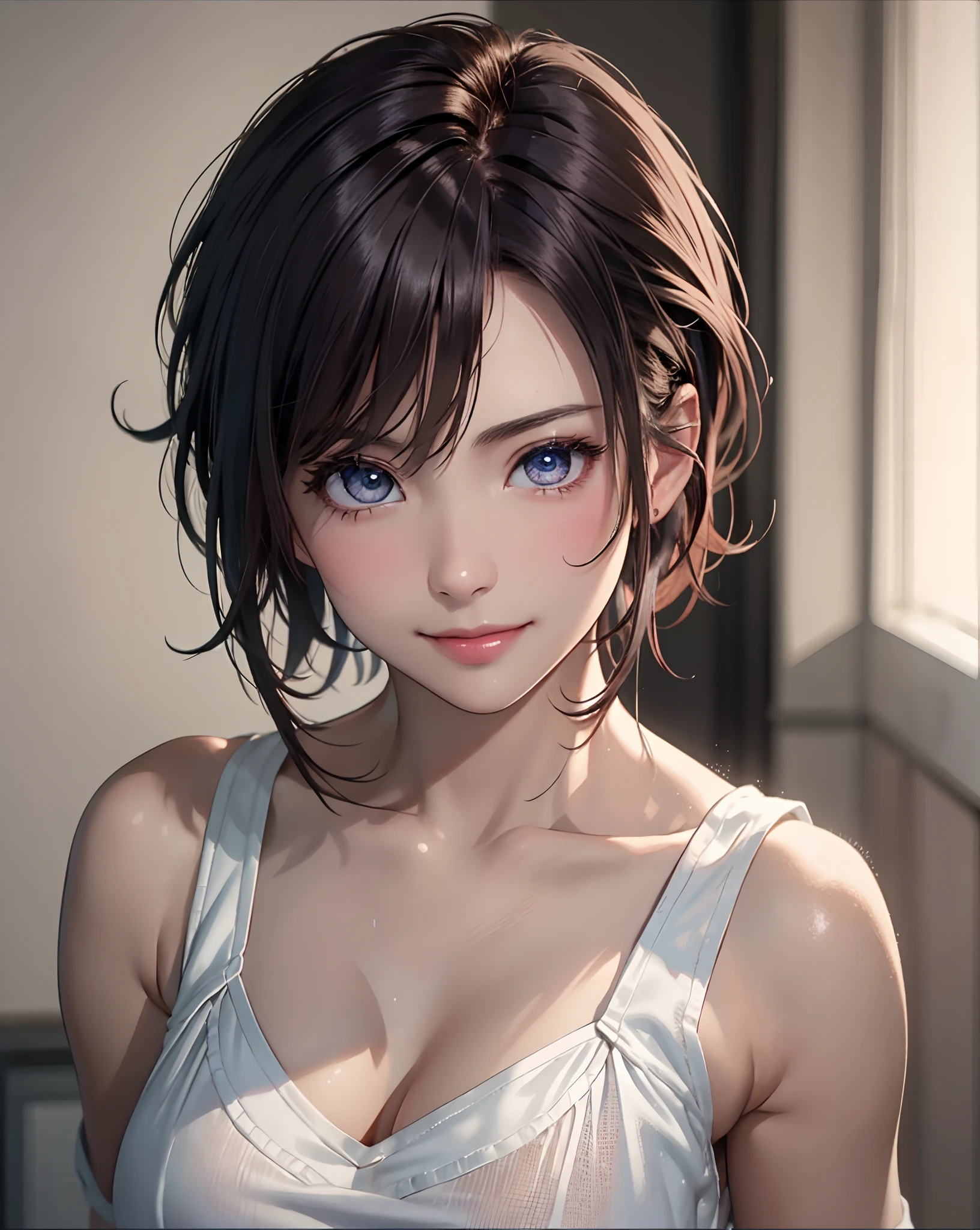 Best Quality, Ultra High Resolution, (Photorealistic: 1.4), Beautiful Eyes, Super Beautiful, Very Short Hair, Beautiful, Sweetheart, T-shirt with Rough Chest, Beautiful Soldier, Eyes That Invite Viewer, Lover's Perspective, Inviting Expression, Sexy Smile, Perfect Style, Perfect Balance, Detailed Skin, Naughty Gaze, Chest Visible