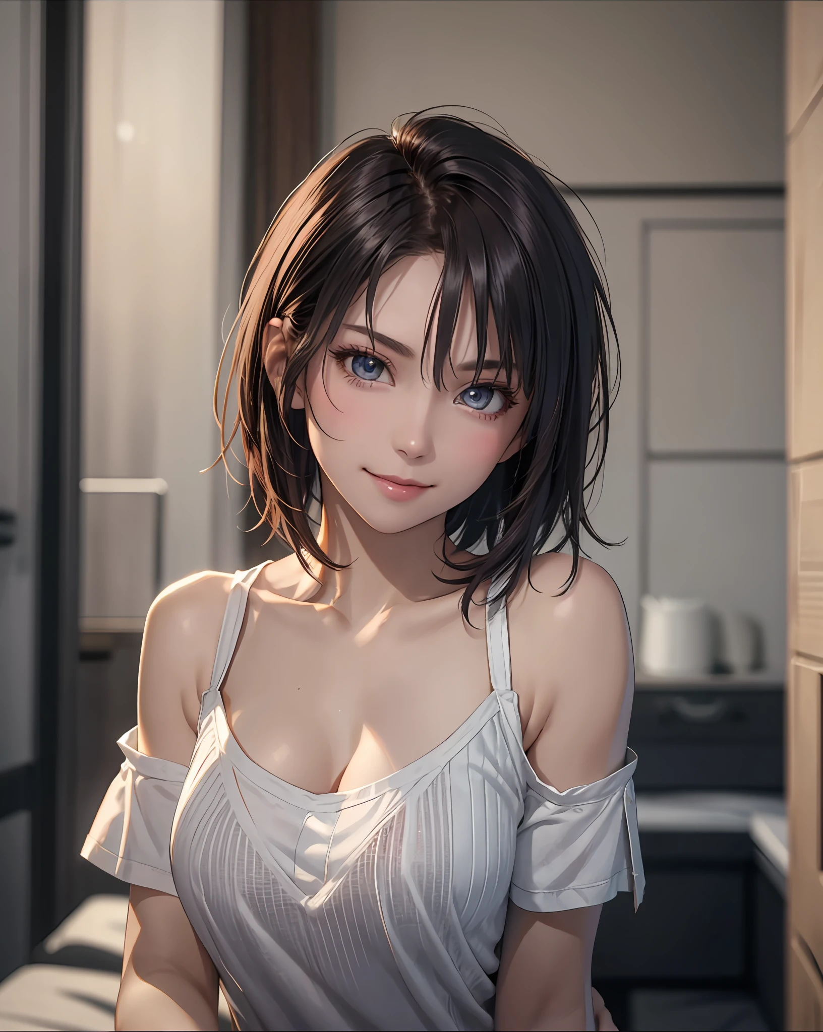 Best Quality, Ultra High Resolution, (Photorealistic: 1.4), Beautiful Eyes, Super Beautiful, Very Short Hair, Beautiful, Sweetheart, T-shirt with Rough Chest, Beautiful Soldier, Eyes That Invite Viewer, Lover's Perspective, Inviting Expression, Sexy Smile, Perfect Style, Perfect Balance, Detailed Skin, Naughty Gaze, Chest Visible