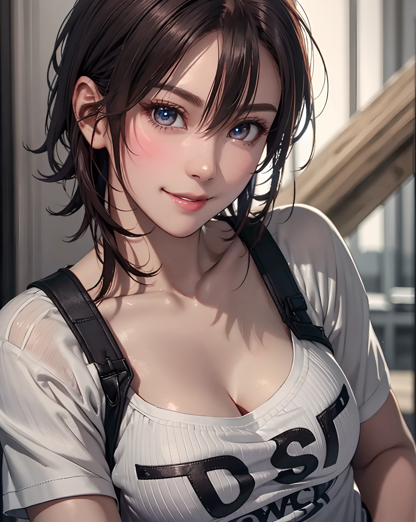 Best Quality, Ultra High Resolution, (Photorealistic: 1.4), Beautiful Eyes, Super Beautiful, Very Short Hair, Beautiful, Sweetheart, T-shirt with Rough Chest, Beautiful Soldier, Eyes That Invite Viewer, Lover's Perspective, Inviting Expression, Sexy Smile, Perfect Style, Perfect Balance, Detailed Skin, Naughty Gaze, Chest Visible