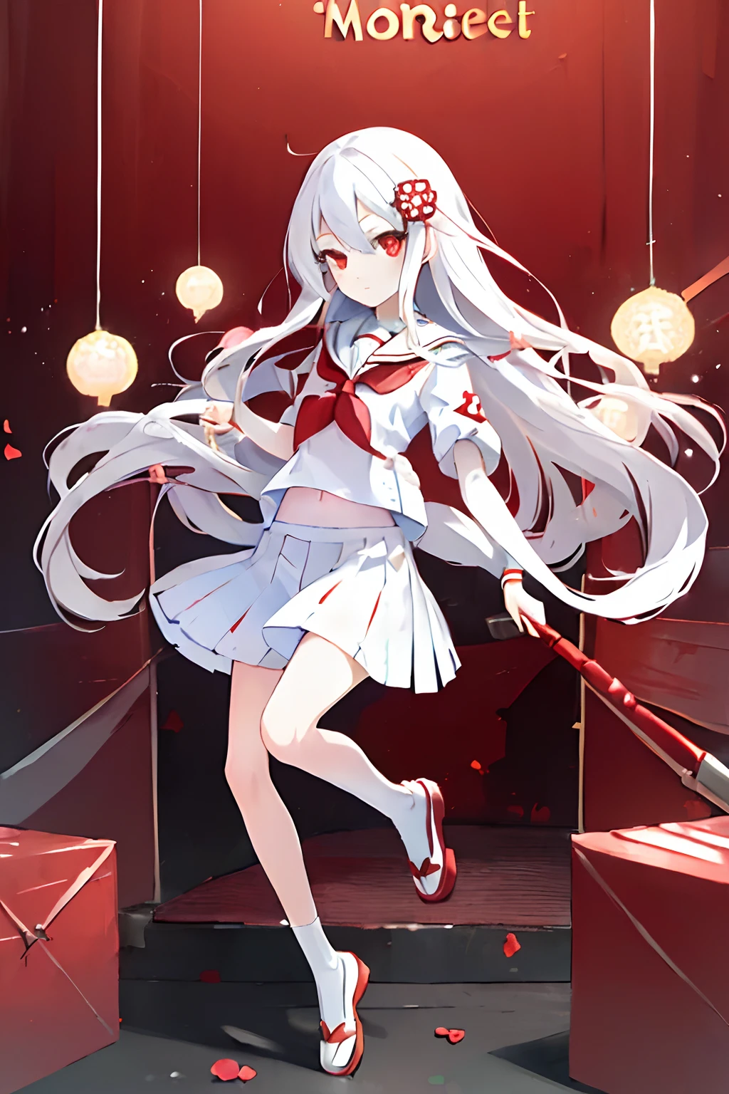 (((masterpiece))), best quality, illustration, ((young teenage girl)), light white long hair, beautiful detailed red eyes, ((white serafuku)), short-sleeved, (((cute))), ((cute face)), full body, solo focus, standing, happy, small , baby face