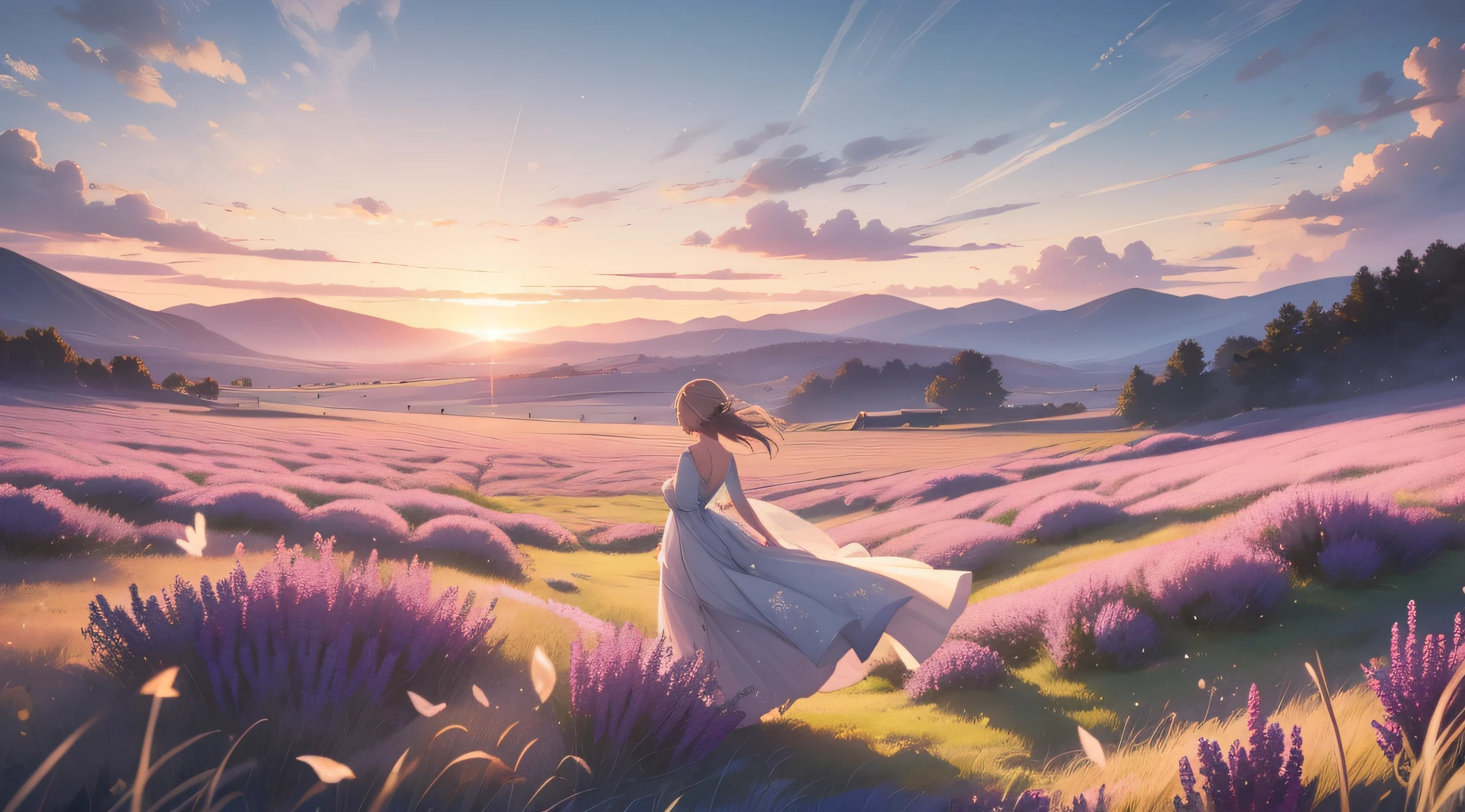 A soft, watercolor backdrop in muted shades of lavender, sky blue, and pale gold represents the early morning sky. Positioned centrally is a delicate silhouette of a lark, its wings outstretched in mid-flight. Below, gentle strokes depict a meadow, with hints of dewdrops glistening on grass and the faintest impressions of dragonflies hovering above. The overall effect is dreamy, ethereal, and deeply calming.